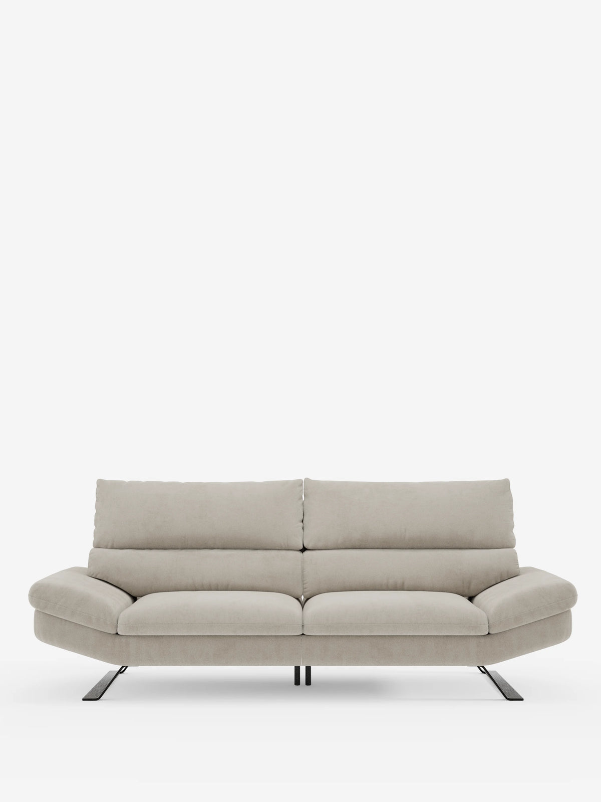 Eclipse Divano, un divano minimalista dal design moderno a 2 e 3 posti di divitt.sbs, rivestito in elegante microfibra T11 resistente alle macchie nei toni del grigio chiaro, è caratterizzato da morbidi cuscini, schienali traslanti per un sostegno regolabile, braccioli inclinati ed eleganti gambe alte in metallo nero. La silhouette dalle linee pulite, con il morbido rivestimento e la seduta modulabile, offre un comfort contemporaneo e versatile su uno sfondo bianco.