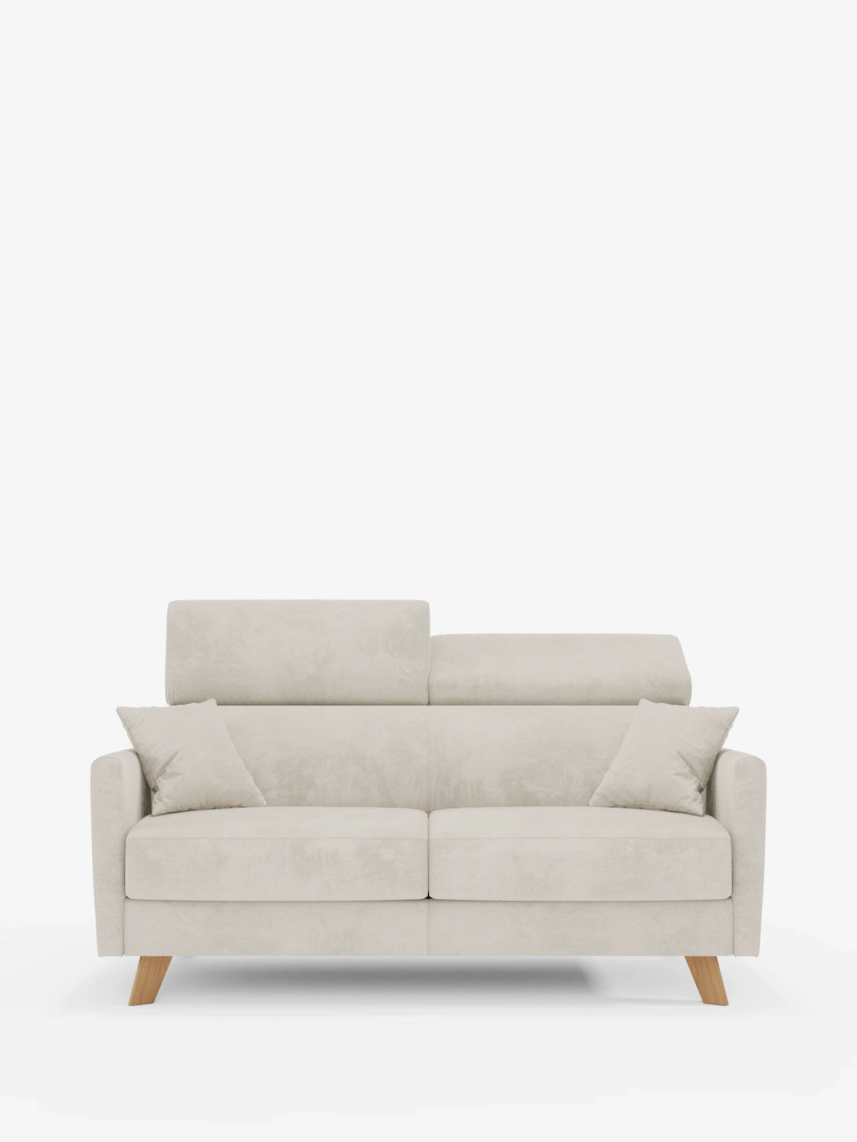 Un divano letto Francy a 2 posti di divitt.sbs, in stile contemporaneo e color beige chiaro, presenta braccioli dritti, due cuscini coordinati e gambe angolate in legno. Lo schienale è dotato di due poggiatesta regolabili e il divano è completamente sfoderabile, con un elegante tessuto T30 resistente alle macchie. Il divano è raffigurato su uno sfondo bianco a tinta unita.