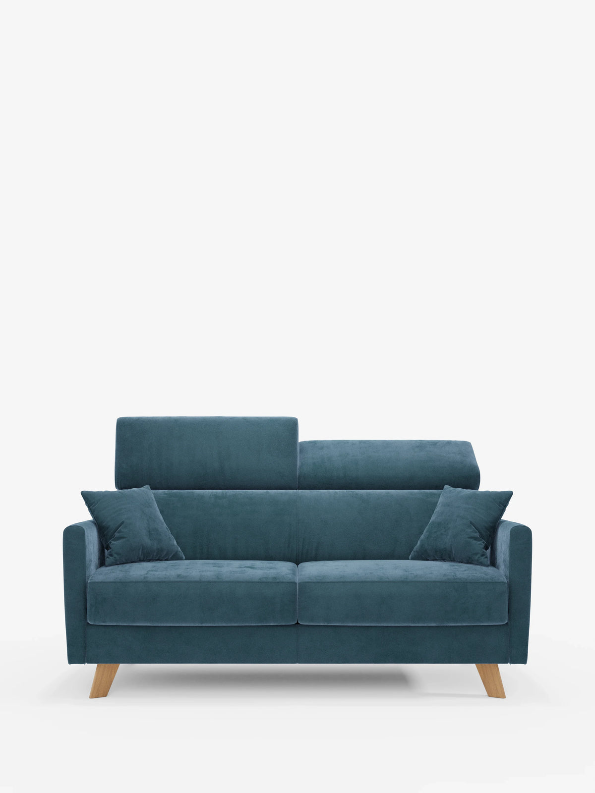 Un moderno “Francy divano letto con poggiatesta regolabili” blu di divitt.sbs, caratterizzato da gambe in legno, due cuscini di seduta, due cuscini dello schienale e due cuscini decorativi abbinati, realizzati in elegante tessuto T30, completamente sfoderabile e antimacchia, presentato su uno sfondo bianco a tinta unita.