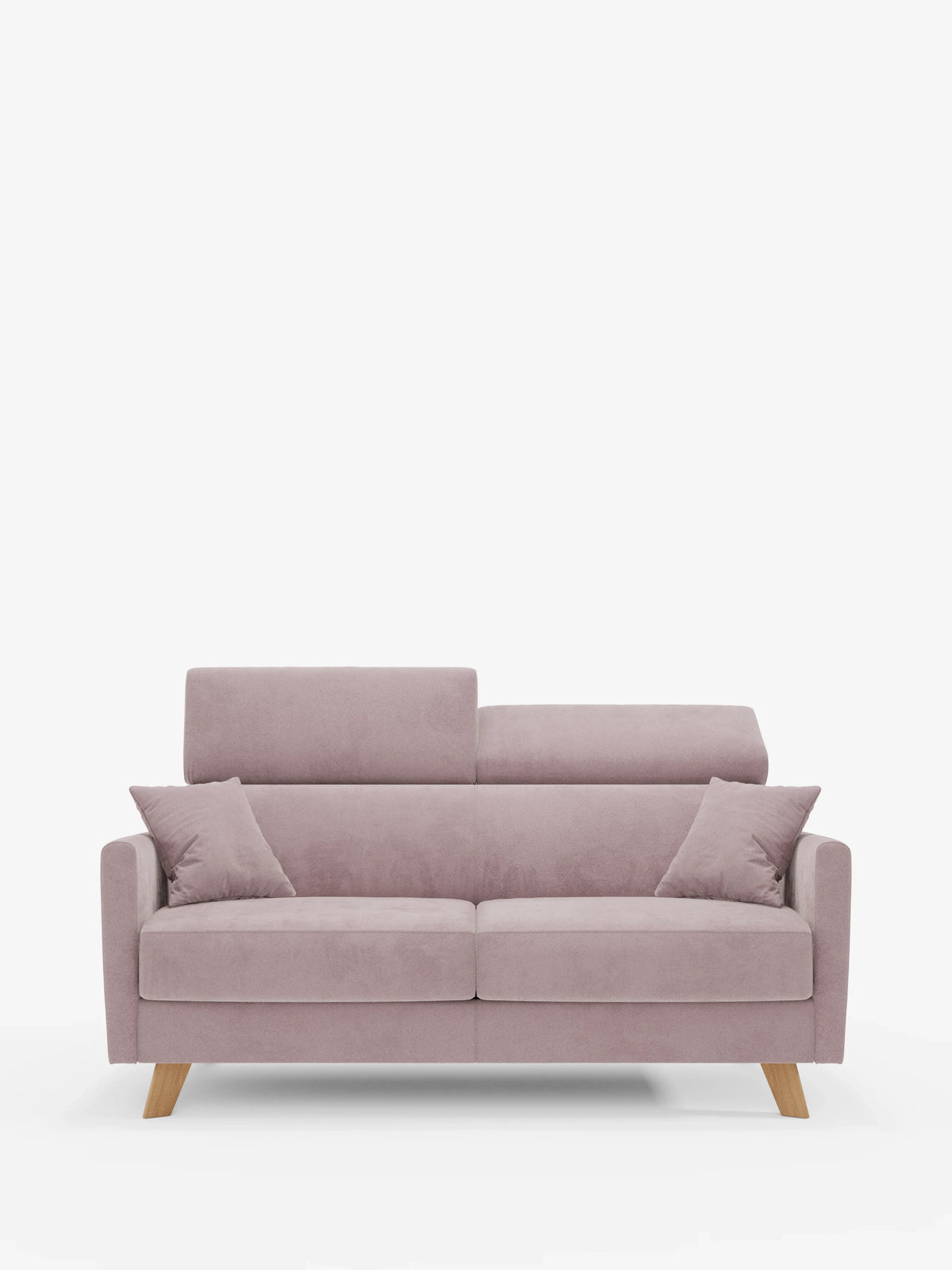Un divano letto Francy a 2 posti di colore viola chiaro in stile contemporaneo di divitt.sbs, caratterizzato da gambe in legno, poggiatesta regolabili, due cuscini di seduta e due cuscini decorativi abbinati, realizzati in elegante tessuto T30 sfoderabile e resistente alle macchie, è ripreso su uno sfondo bianco a tinta unita.