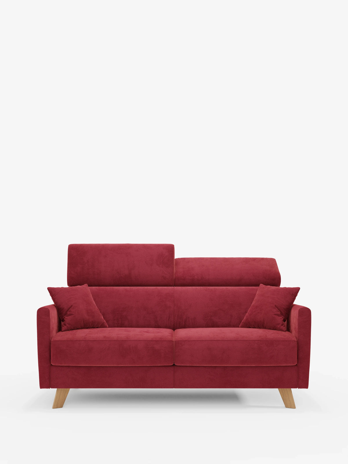 Un divano letto a due posti Francy rosso in stile contemporaneo di divitt.sbs, dotato di due cuscini coordinati, braccioli dritti e poggiatesta regolabili per ogni seduta. Rivestito con l’elegante tessuto T30, resistente alle macchie e completamente sfoderabile, il divano poggia su gambe in legno chiaro e si stacca su uno sfondo bianco a tinta unita. Il design complessivo è semplice e moderno.