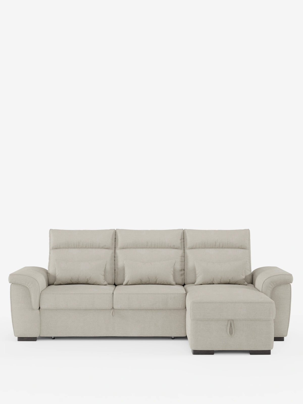 Divano letto angolare “Beige Ischia” con schienali scorrevoli, elemento estraibile e penisola contenitore in tessuto antimacchia misto lino, dotato di chaise longue a destra, tre cuscini dello schienale, cuscini decorativi e braccioli arrotondati.