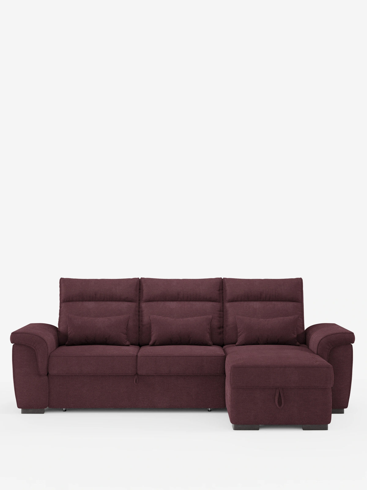 Un divano letto angolare Ischia con schienali scorrevoli, elemento estraibile e penisola contenitore in tessuto antimacchia misto lino, caratterizzato da una sezione a L color bordeaux scuro con chaise longue, tre cuscini schienali e cuscini coordinati.