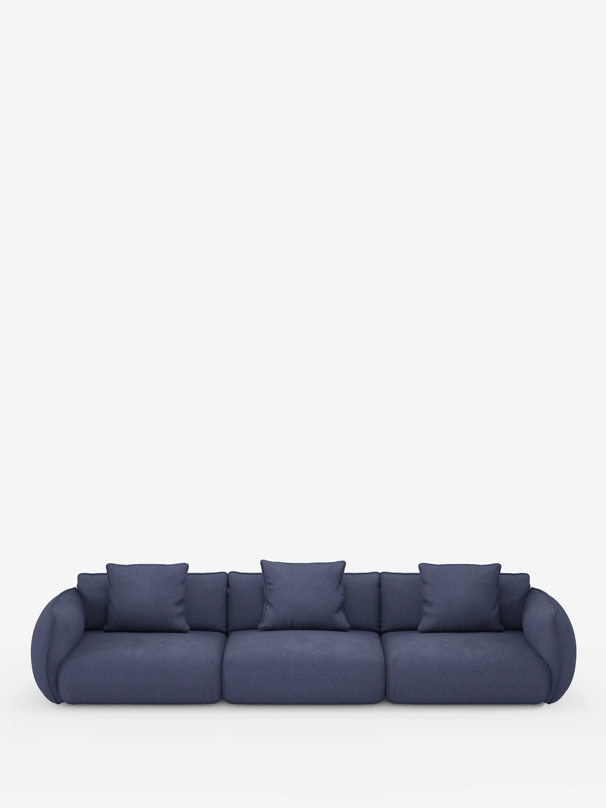 Un divano a tre posti moderno e minimalista, il divano modulare a 3 sedute Nimbus di divitt.sbs, è caratterizzato da rivestimenti sfoderabili di colore blu intenso in morbido tessuto effetto cotone resistente alle macchie (T33), con braccioli arrotondati, morbidi cuscini e cinque cuscini quadrati coordinati. Perfettamente centrato su uno sfondo bianco a tinta unita, questo complemento d’arredo contemporaneo offre stile e praticità per qualsiasi ambiente.