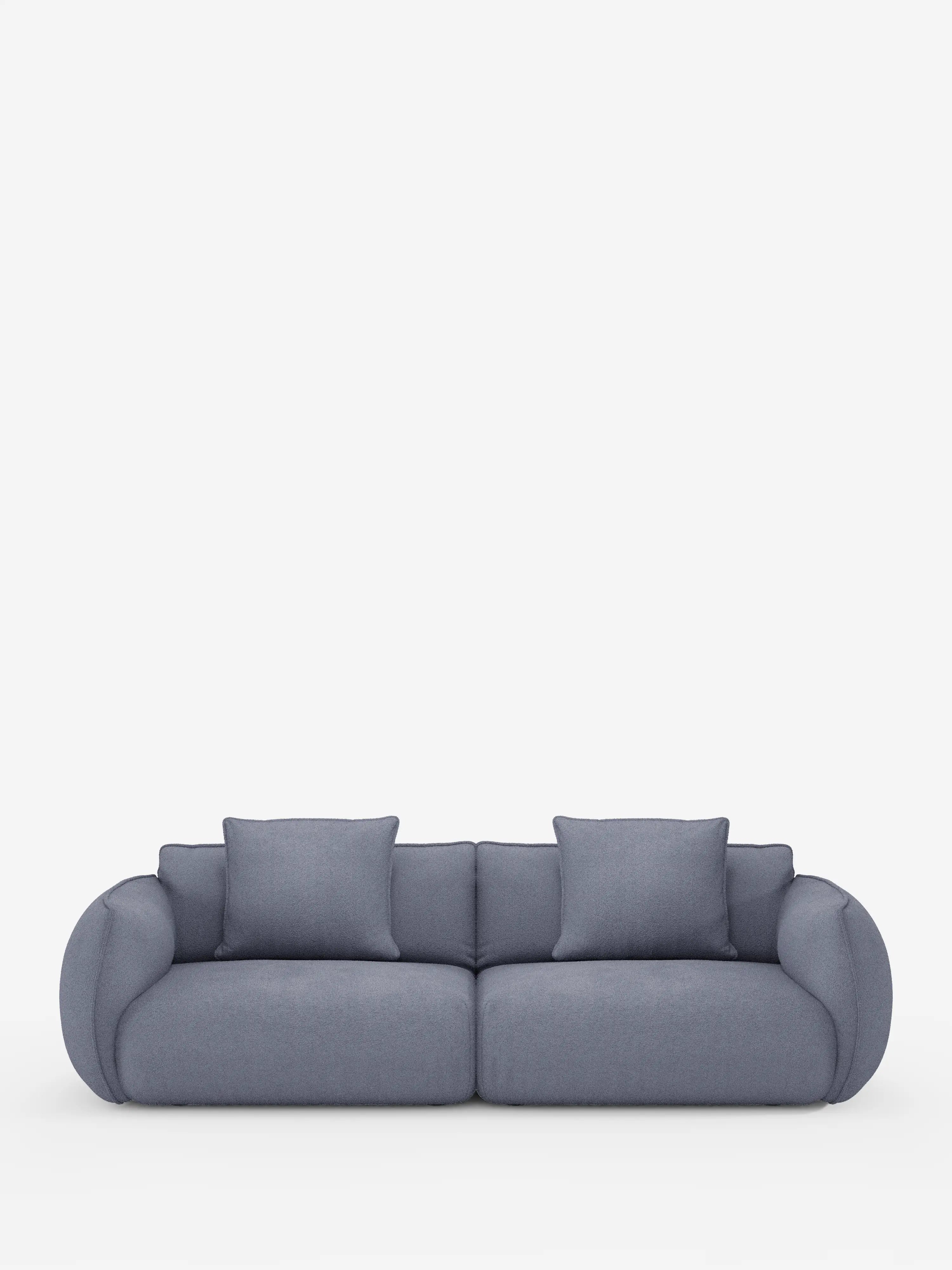 Un moderno divano modulare e componibile Nimbus a 3 posti, color grigio chiaro, da 250 cm di divitt.sbs, si staglia su uno sfondo bianco a tinta unita. Rivestito con un tessuto sfoderabile effetto cotone resistente alle macchie (t33), questo divano minimalista presenta due cuscini di seduta, due cuscini dello schienale e braccioli arrotondati che gli conferiscono un aspetto morbido e confortevole.