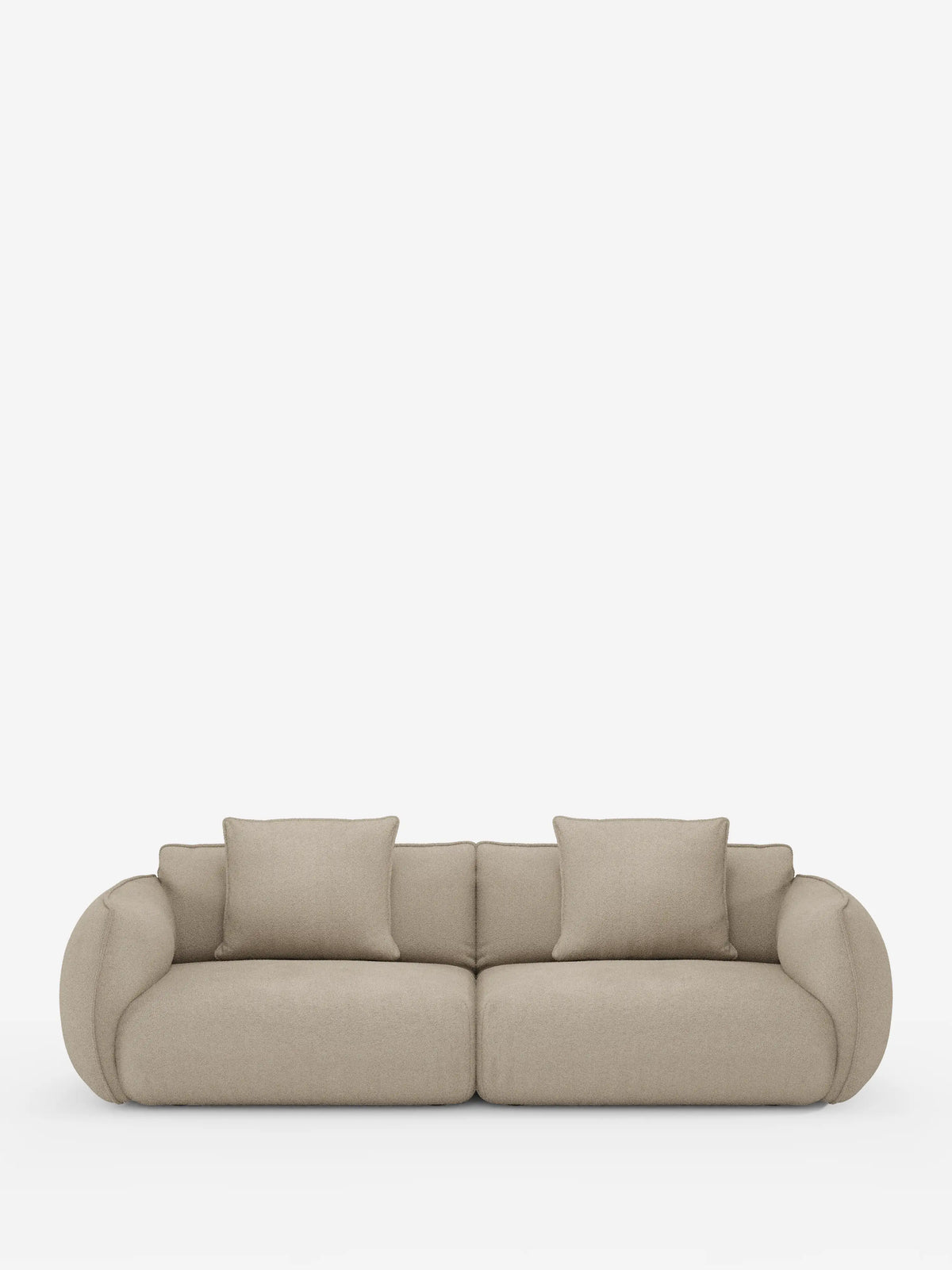 Un divano a 3 posti modulare e componibile Nimbus in stile contemporaneo, color beige, firmato divitt.sbs, rivestito in tessuto T33 effetto cotone, facile da pulire. Questo divano modulare da 250 cm presenta braccioli e schienale arrotondati e imbottiti, due ampi cuscini di seduta e due cuscini quadrati coordinati. Il design è presentato su uno sfondo bianco a tinta unita per un look accogliente ed elegante.