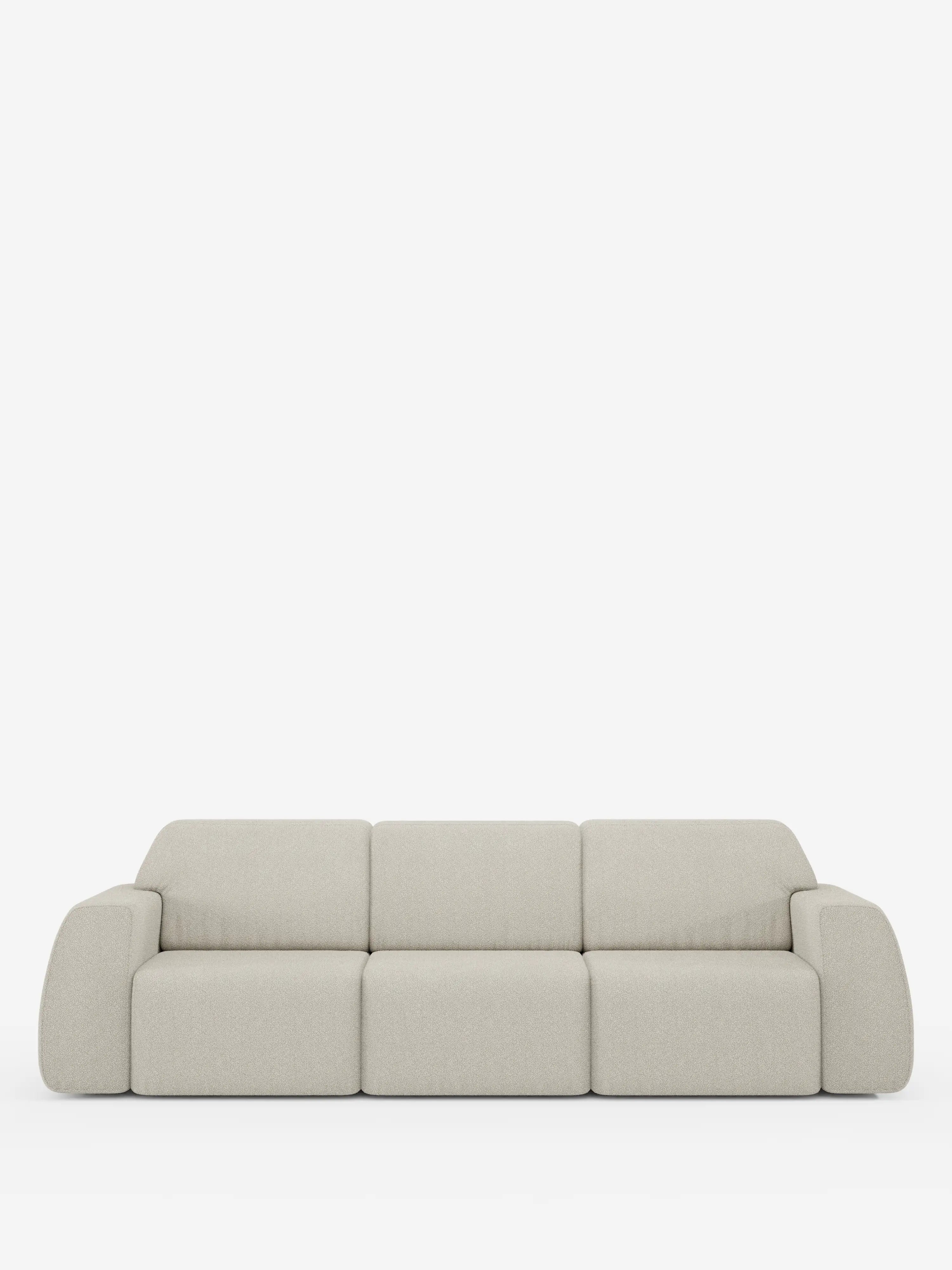 Il divano Orbit con 3 sedute scorrevoli e allungabili di divitt.sbs è un divano moderno e minimalista di colore beige, dotato di tre ampi cuscini di seduta e braccioli bassi e arrotondati, che risaltano su uno sfondo bianco a tinta unita. Questo divano a 4 posti è dotato di sedute scorrevoli regolabili per un comfort personalizzabile ed è completamente sfoderabile, il che ne facilita la pulizia e la manutenzione grazie al tessuto T33 effetto cotone smacchiabile. Con il suo aspetto morbido e soffice e il