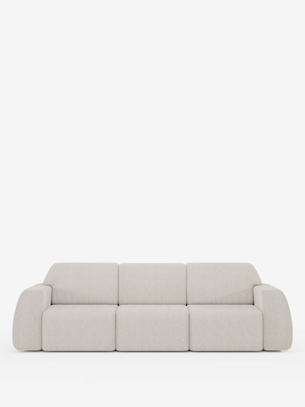 Un divano a tre posti moderno e minimalista: il modello Orbit con 3 sedute scorrevoli e allungabili in tessuto effetto cotone smacchiabile T33 di divitt.sbs, è rivestito in tessuto testurizzato beige chiaro dall’aspetto morbido e accogliente. Caratterizzato da cuscini spessi e morbidi e da braccioli bassi e larghi, questo divano è presentato su uno sfondo bianco a tinta unita, senza decorazioni visibili né oggetti circostanti. Completamente sfoderabile per facilitare la pulizia, unisce la praticità al