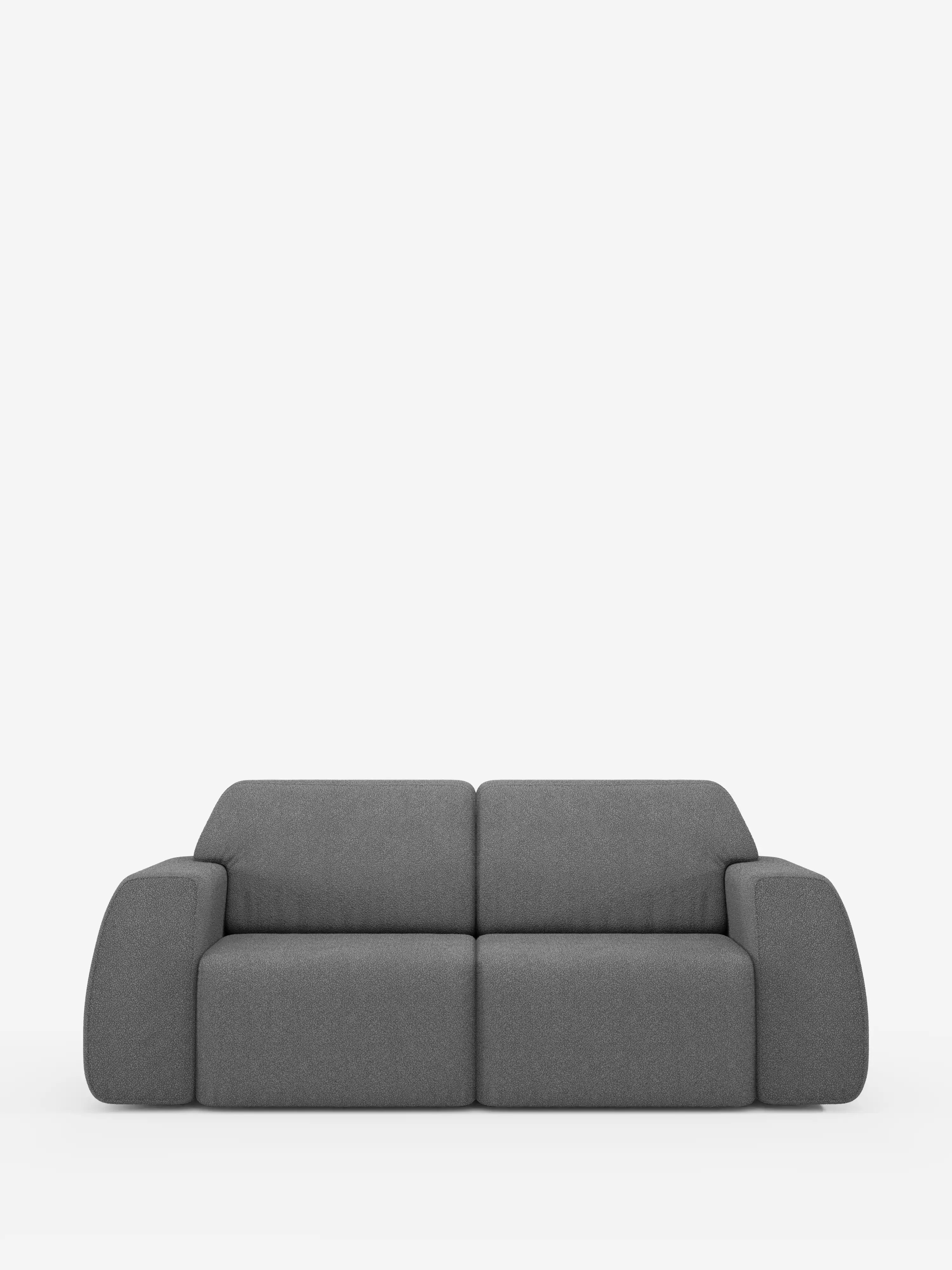 Su uno sfondo bianco, il divano a 3 posti Orbit di divitt.sbs si presenta con un design moderno e minimalista in grigio, caratterizzato da braccioli arrotondati e morbidi cuscini. Completamente sfoderabile e rivestito in tessuto T33 effetto cotone di facile pulizia, questo divano contemporaneo presenta un profilo ribassato dalle linee slanciate, senza gambe a vista né elementi decorativi.