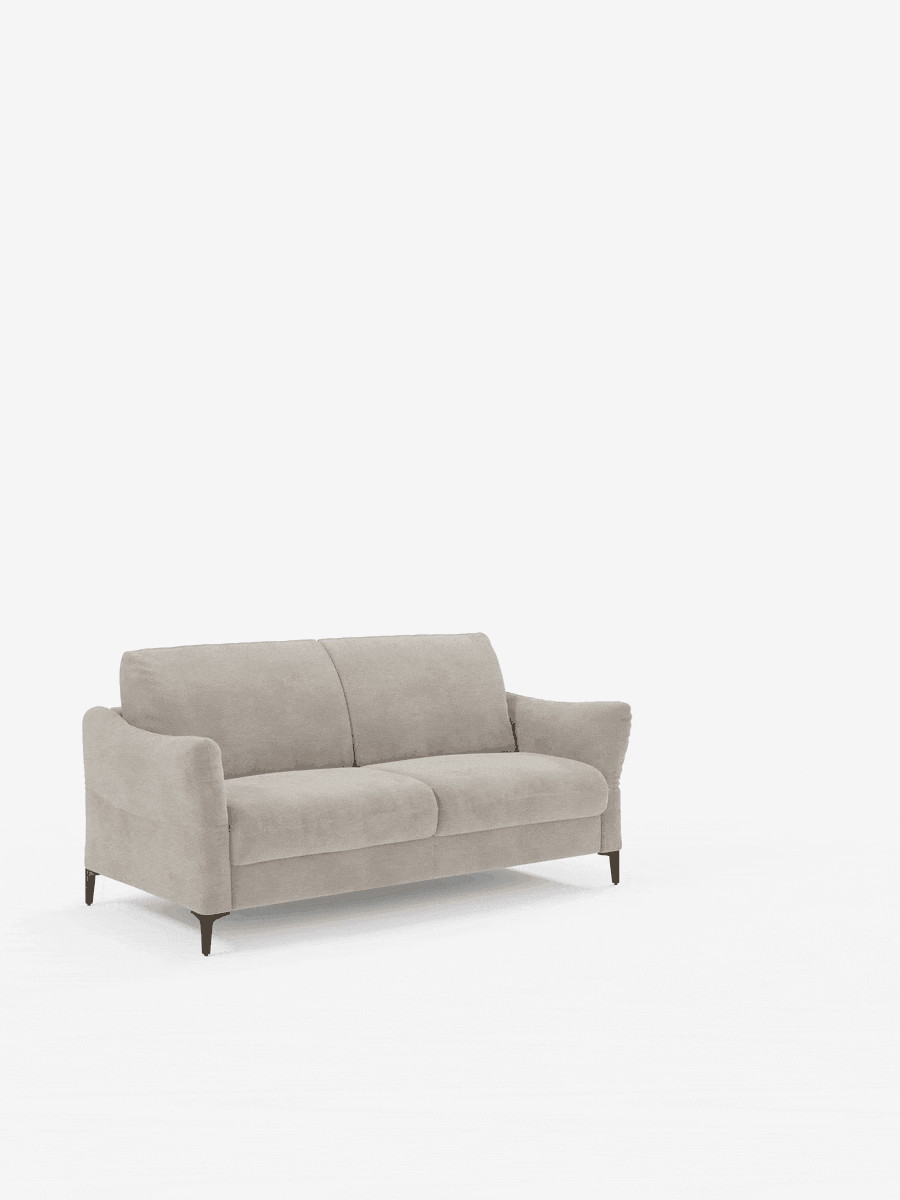 Un divano letto Dalia a 2 posti di colore grigio chiaro di divitt.sbs spicca su uno sfondo bianco, mettendo in risalto il suo design moderno e minimalista. Rivestito in tessuto vellutino T30 di facile pulizia, questo divano letto presenta gambe nere sottili e affusolate, seduta e schienale imbottiti e morbidi, e braccioli dalle linee dolcemente arrotondate. Questo comodo divano letto offre comfort senza rinunciare allo stile in un ambiente essenziale.
