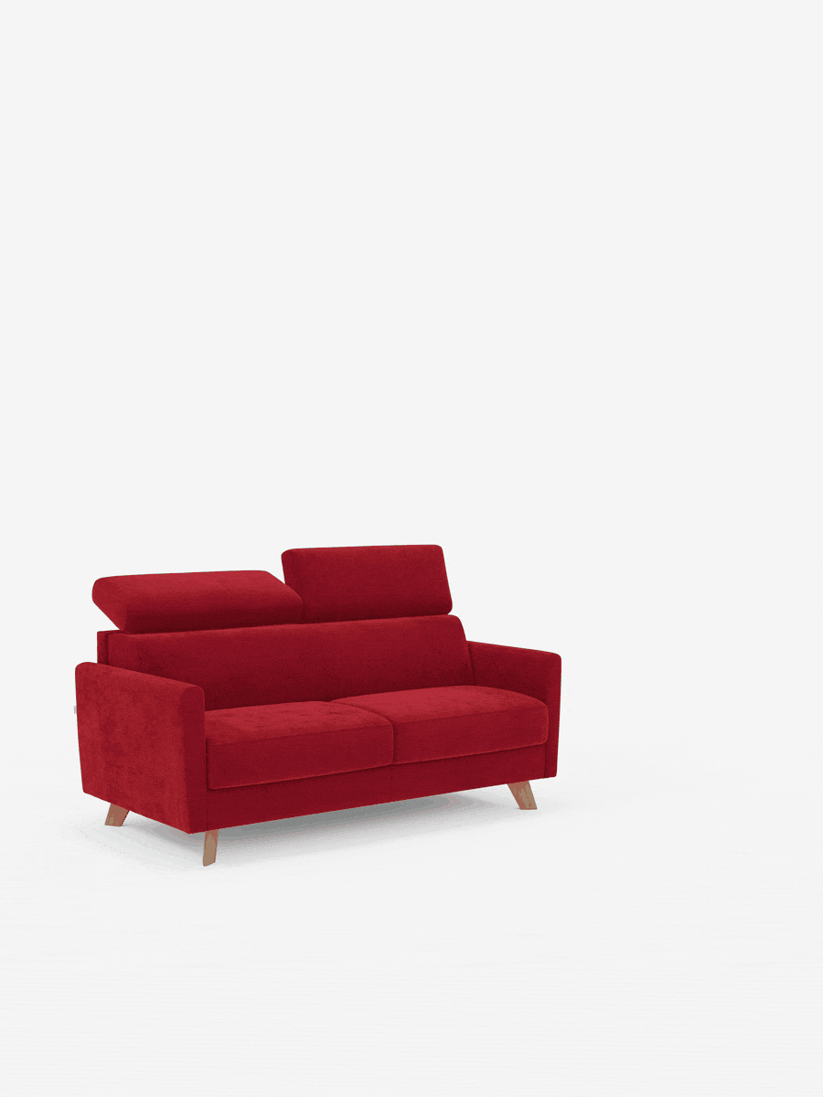 Un divano letto Francy in stile contemporaneo con poggiatesta regolabili di divitt.sbs, rivestito in un elegante tessuto T30, rimovibile al 100% e resistente alle macchie, è posizionato al centro su uno sfondo bianco a tinta unita; il suo design minimalista e le gambe in legno creano un elegante contrasto.