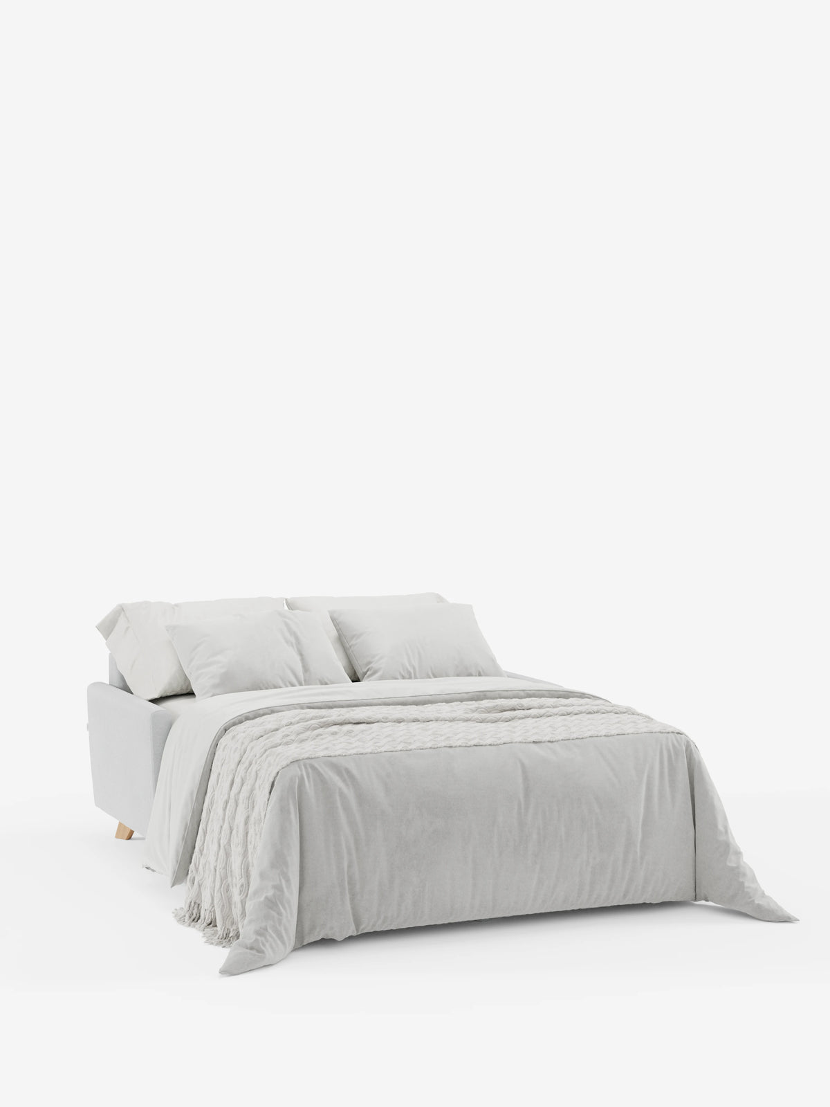 Un letto elegante caratterizzato da una testiera e una base imbottite in grigio chiaro, rivestito con biancheria da letto grigia abbinata, con una coperta testurizzata ai piedi del letto e quattro cuscini disposti con cura su uno sfondo bianco: ideale per chi ama lo stile moderno. Questo elemento versatile si abbina perfettamente ad arredi contemporanei come il divano letto Francy con poggiatesta regolabili di divitt.sbs, rivestito al 100% con tessuto T30 elegante e resistente alle macchie.
