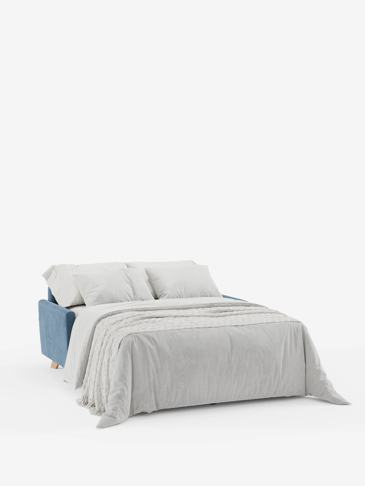 Il divano letto Francy con poggiatesta regolabili di divitt.sbs, rivestito in elegante tessuto T30 resistente alle macchie e dotato di fodere completamente sfoderabili, è qui raffigurato aperto in versione letto. È abbinato a un piumone grigio chiaro, cuscini coordinati e un morbido copriletto, il tutto su uno sfondo bianco a tinta unita che esalta l’aspetto pulito e accogliente del letto.