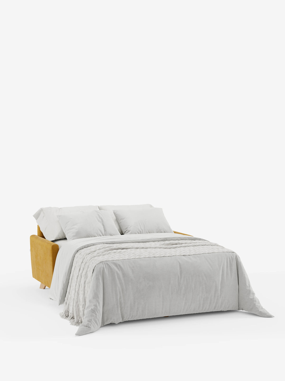 Il divano letto Francy con poggiatesta regolabili di divitt.sbs, rivestito in elegante tessuto T30 resistente alle macchie nei toni del giallo senape e dotato di fodere completamente sfoderabili, è raffigurato nella versione aperta. È abbinato a biancheria da letto grigio chiaro, due cuscini coordinati e una coperta, il tutto su uno sfondo bianco a tinta unita per un look moderno e minimalista.