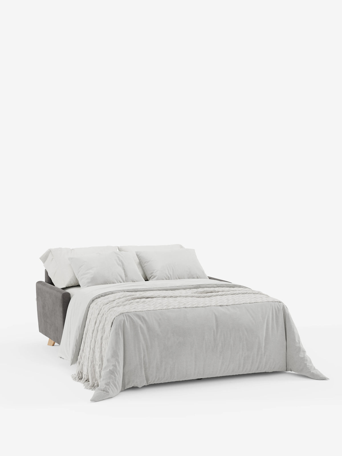 Il divano letto Francy con poggiatesta regolabili di divitt.sbs, rivestito in elegante tessuto T30 resistente alle macchie e dotato di fodere grigie completamente sfoderabili, si trasforma in un letto. È abbinato a un piumone grigio chiaro, cuscini coordinati e una coperta testurizzata. Su uno sfondo bianco a tinta unita, l’immagine mette in risalto il design pulito e moderno di questo versatile complemento d’arredo.