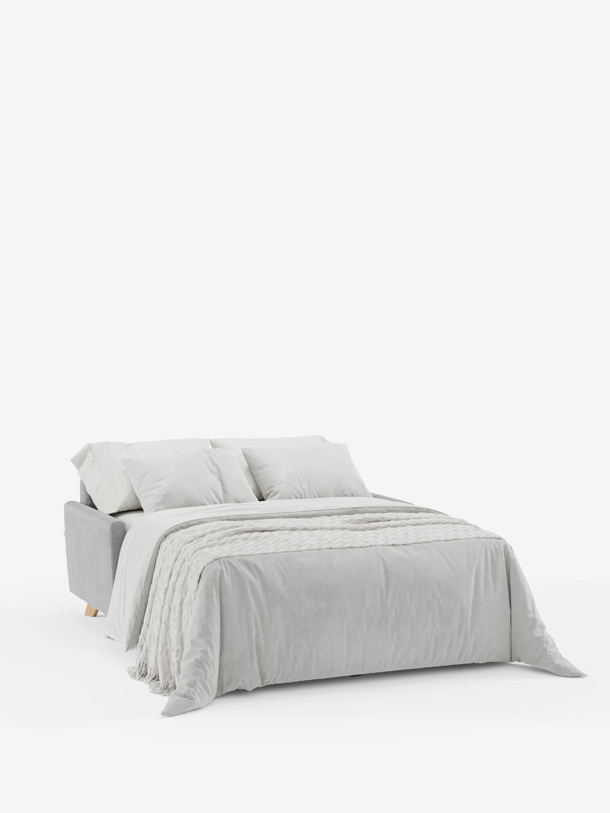 Il divano letto Francy con poggiatesta regolabili di divitt.sbs — rivestito al 100% in elegante tessuto T30 resistente alle macchie e completamente sfoderabile — viene trasformato in letto, con un piumone grigio chiaro, un plaid in maglia ripiegato e quattro cuscini. Sullo sfondo bianco a tinta unita risaltano il design pulito e minimalista e la morbida consistenza della biancheria da letto.