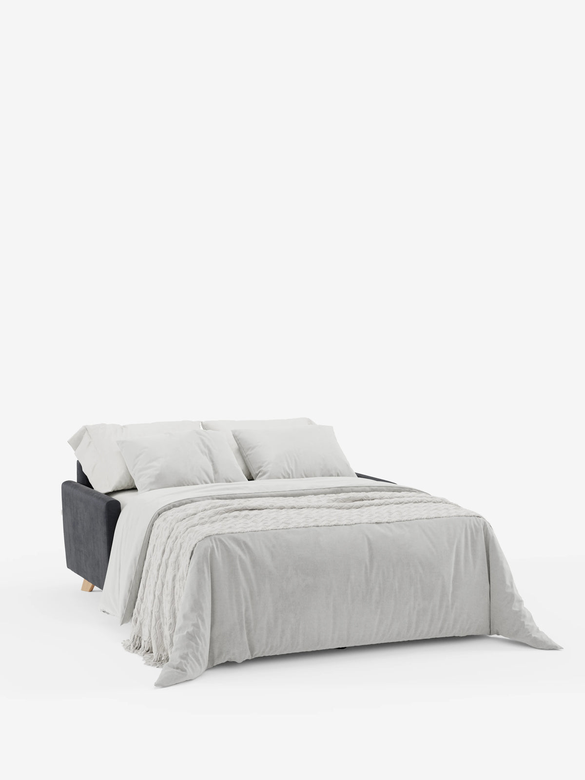 Il divano letto Francy con poggiatesta regolabili di divitt.sbs è presentato completamente aperto come letto, rivestito con lenzuola bianche, una coperta bianca e due cuscini bianchi. Realizzato in elegante tessuto T30 grigio, 100% sfoderabile e antimacchia, il divano risalta su uno sfondo bianco a tinta unita, senza oggetti o decorazioni aggiuntivi che possano distogliere l'attenzione dal suo design.