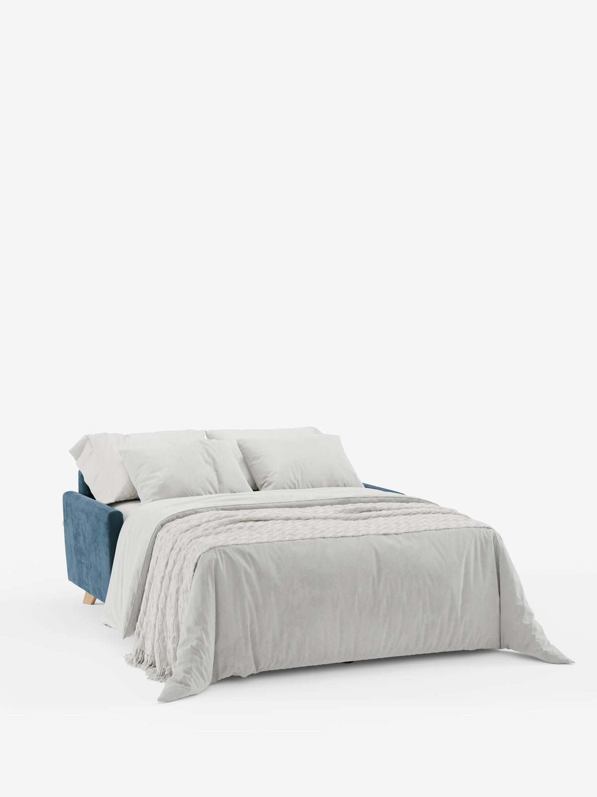 Il divano letto Francy con poggiatesta regolabili di divitt.sbs, qui presentato in un elegante tessuto blu smacchiabile T30, si trasforma in un letto spazioso e è rifinito con biancheria da letto candida, due morbidi cuscini e un plaid dalla trama particolare. Su uno sfondo bianco a tinta unita, il rivestimento rimovibile al 100% e le linee slanciate di questo versatile divano letto a 2 posti ne esaltano il design moderno e minimalista.