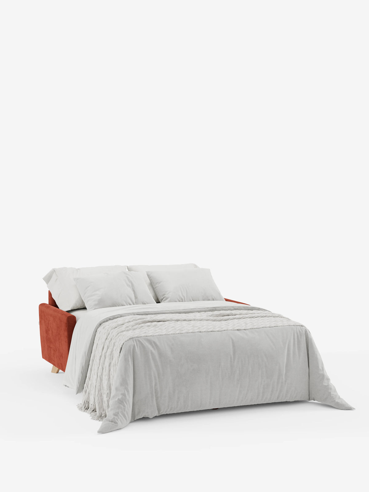 Il divano letto Francy con poggiatesta regolabili di divitt.sbs è presentato aperto in configurazione letto, con una struttura imbottita di colore rosso-marrone rivestita in elegante tessuto T30 resistente alle macchie. La composizione comprende biancheria da letto grigio chiaro, due cuscini e una coperta testurizzata, il tutto disposto su uno sfondo bianco a tinta unita.