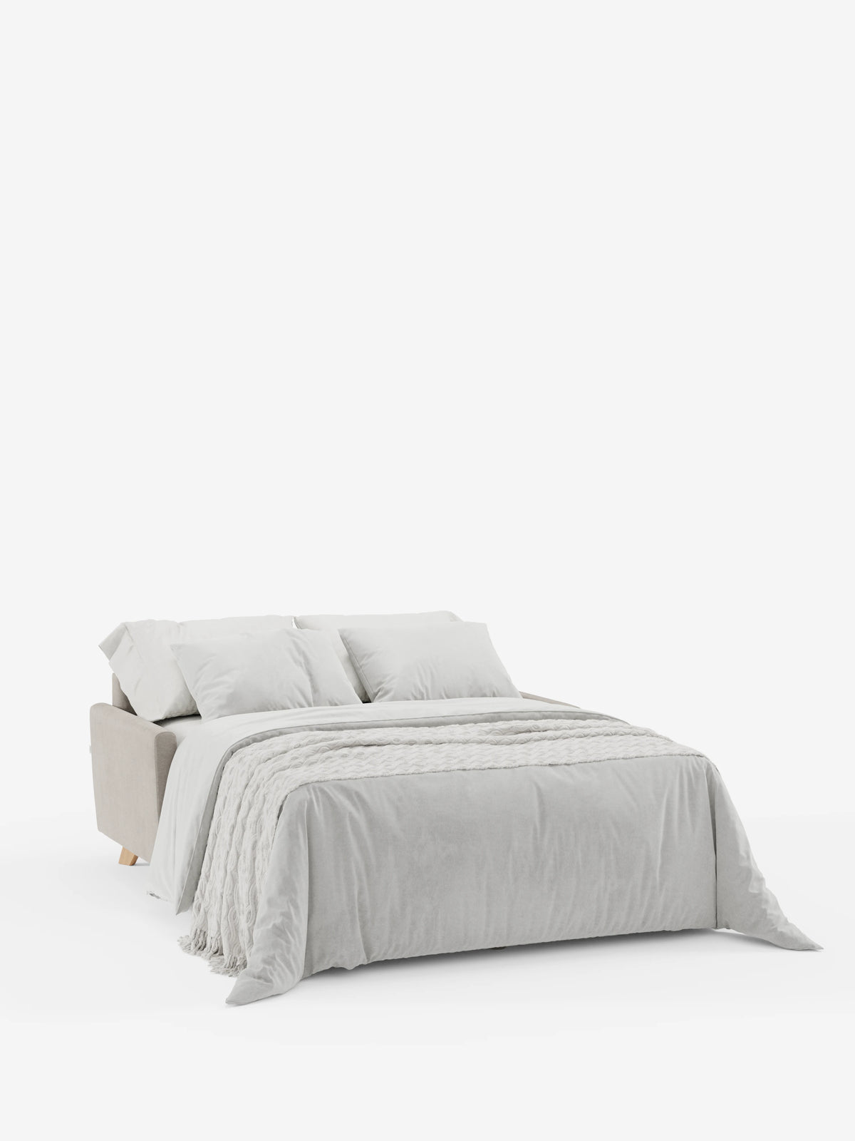 Il divano letto Francy con poggiatesta regolabili di divitt.sbs, rivestito in elegante tessuto T30 antimacchia e con fodere rimovibili al 100%, è qui raffigurato aperto in una moderna tonalità di grigio chiaro. Impreziosito da biancheria da letto, due grandi cuscini, una coperta spessa e un morbido plaid, il letto mette in risalto la sua consistenza morbida e invitante e lo stile contemporaneo sullo sfondo bianco a tinta unita.