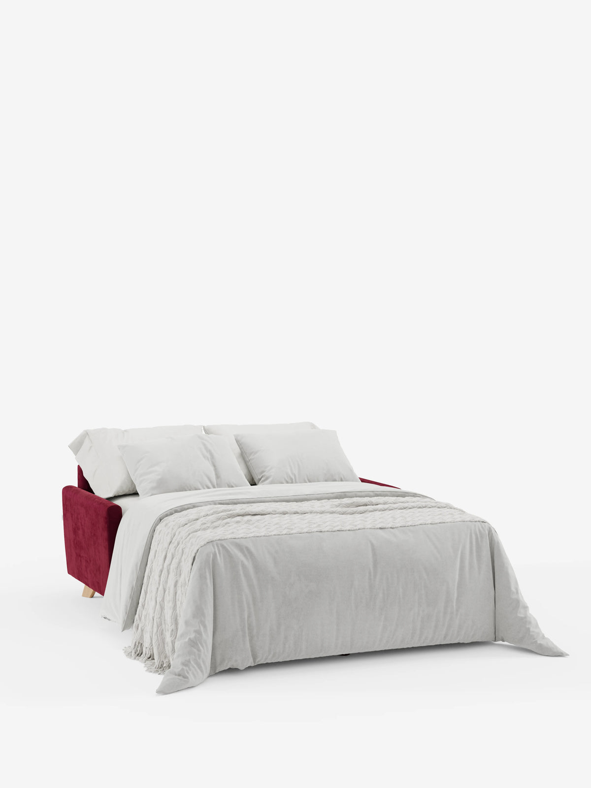 Il divano letto Francy con poggiatesta regolabili di divitt.sbs, qui raffigurato in rosso, è aperto in modalità letto e abbellito da lenzuola bianche immacolate, una coperta grigio chiaro dalla trama rigata e due cuscini bianchi, il tutto su uno sfondo bianco a tinta unita.