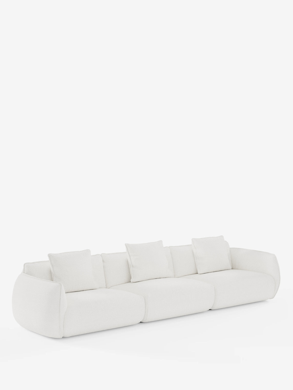 Un divano modulare Nimbus moderno e minimalista a 3 posti, realizzato da divitt.sbs con il tessuto T33, morbido ed antimacchia dall’effetto cotone. Questo divano modulare bianco è composto da tre moduli di seduta dai bordi arrotondati e include quattro cuscini quadrati coordinati. Si stacca su uno sfondo bianco a tinta unita, creando un’estetica pulita e contemporanea.