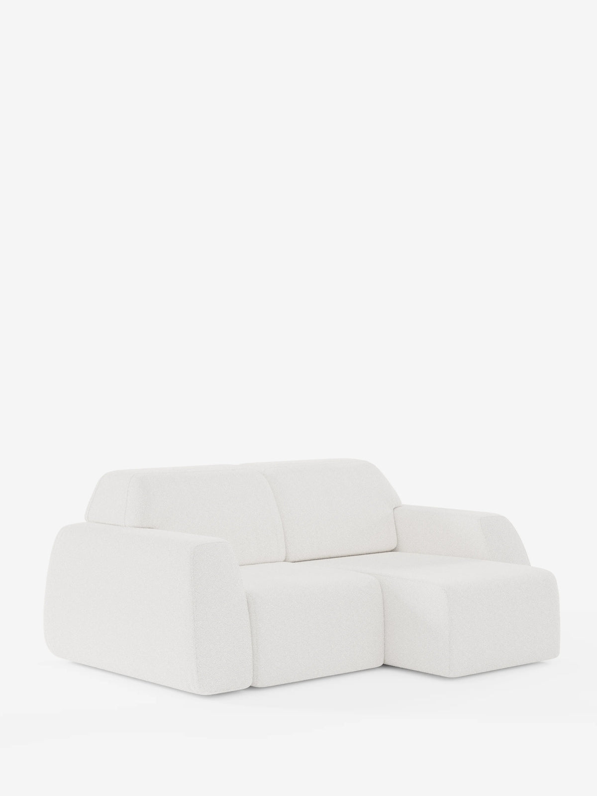 Il divano Orbit 2 e 3 posti con sedute scorrevoli di divitt.sbs, dal design contemporaneo e minimalista in bianco, si presenta con bordi lisci e arrotondati e una chaise longue sul lato destro, in primo piano su uno sfondo bianco a tinta unita. Il rivestimento completamente sfoderabile del divano, realizzato in tessuto T33 effetto cotone resistente alle macchie, appare morbido e ricco di texture, conferendo un’atmosfera pulita e moderna ispirata agli eleganti modelli di divani a 2 posti.
