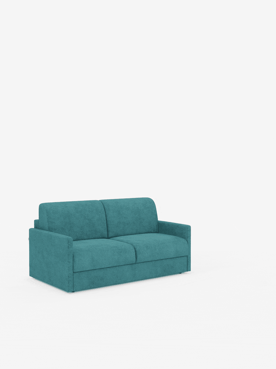 Un moderno divano a due posti color verde acqua, il Tommy Divano letto 2 e 3 posti matrimoniale di divitt.sbs, si caratterizza per le linee semplici e i braccioli rettangolari. Su uno sfondo bianco a tinta unita, questo divano con rivestimento rimovibile al 100% in tessuto T33, resistente alle macchie e simile al cotone, comprende due cuscini di seduta e due cuscini di schienale, tutti rivestiti in tessuto verde acqua coordinato per un look omogeneo.