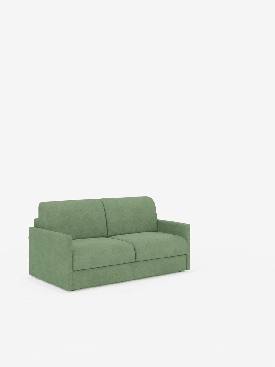 Un moderno divano letto Tommy Divano a 2 e 3 posti matrimoniale di divitt.sbs, in verde chiaro, spicca su uno sfondo bianco a tinta unita. Questo divano minimalista presenta braccioli squadrati, linee pulite, morbidi cuscini di seduta e schienale e gambe non visibili. Rivestito in tessuto T33, simile al cotone e facile da pulire, il rivestimento è completamente sfoderabile per una maggiore praticità.