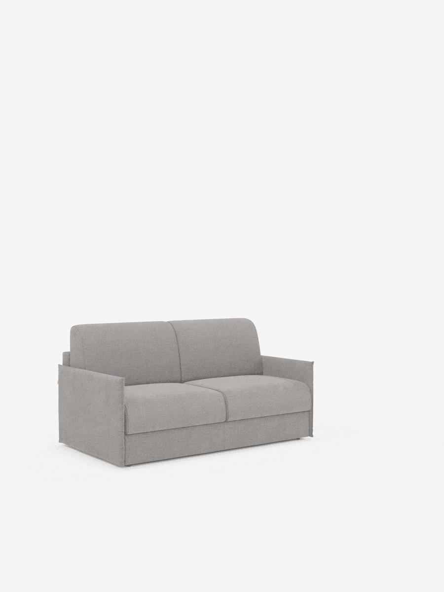Un divano letto matrimoniale sfoderabile Evans di colore grigio chiaro, disponibile su divitt.sbs, caratterizzato da un design compatto e da ampi cuscini con braccioli, è posto al centro di uno sfondo bianco a tinta unita. Rivestito in tessuto T23 facile da pulire e dotato di un pratico vano porta-cuscini, il divano appare moderno e minimalista grazie alla sua forma pulita e squadrata e all’assenza di motivi o decorazioni visibili.