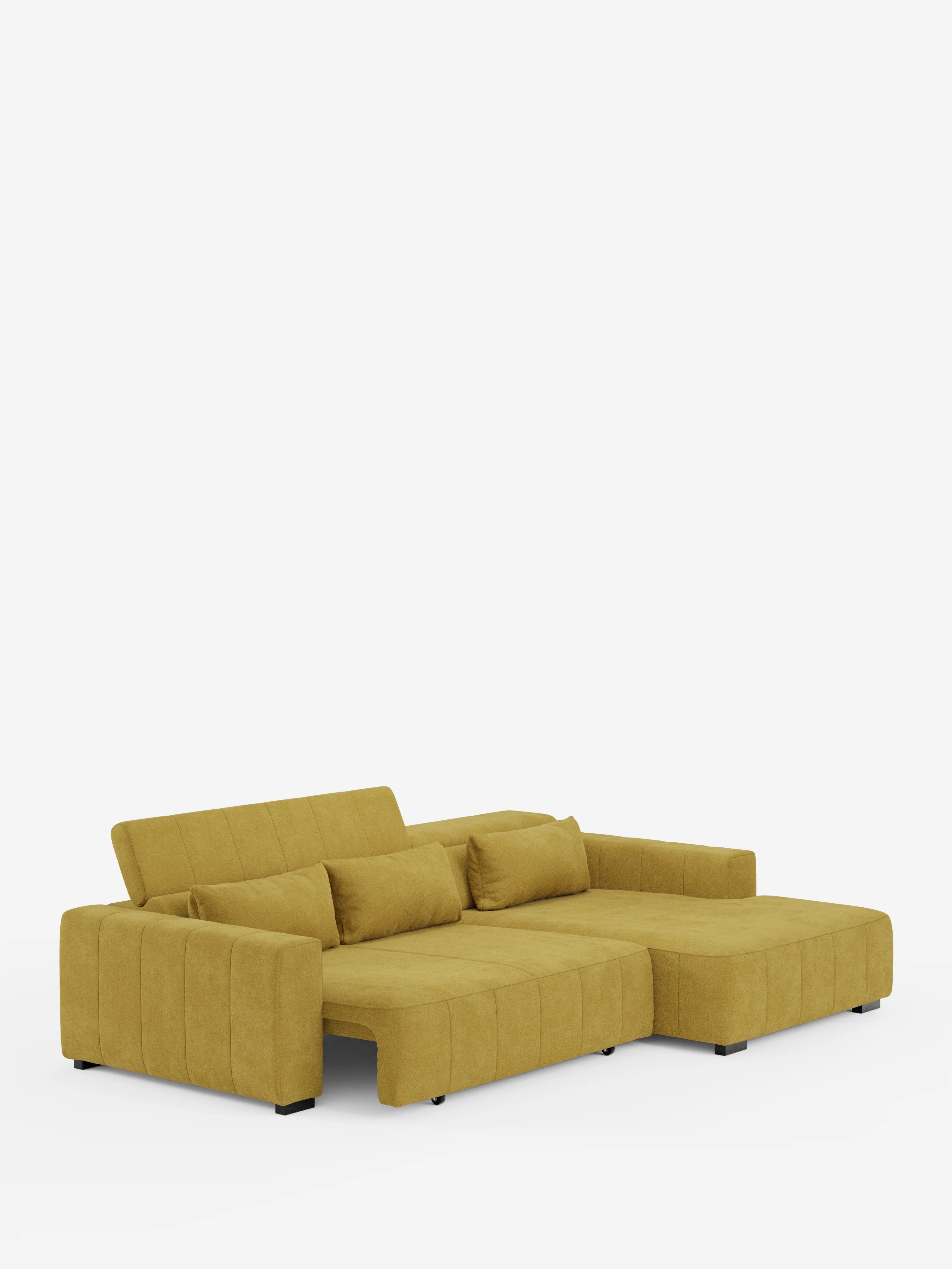 Un divano angolare in stile dorico contemporaneo, color giallo senape, con penisola e sedute allungabili con funzione relax elettrica di divitt.sbs è esposto su uno sfondo bianco a tinta unita. Rivestito in tessuto smacchiabile T23, questo divano presenta schienali bassi con poggiatesta reclinabili, ampi braccioli e morbidi cuscini per un comfort ottimale. Il suo design squadrato è impreziosito da dettagli trapuntati e comprende due ampie sezioni di seduta, oltre a cuscini decorativi coordinati.