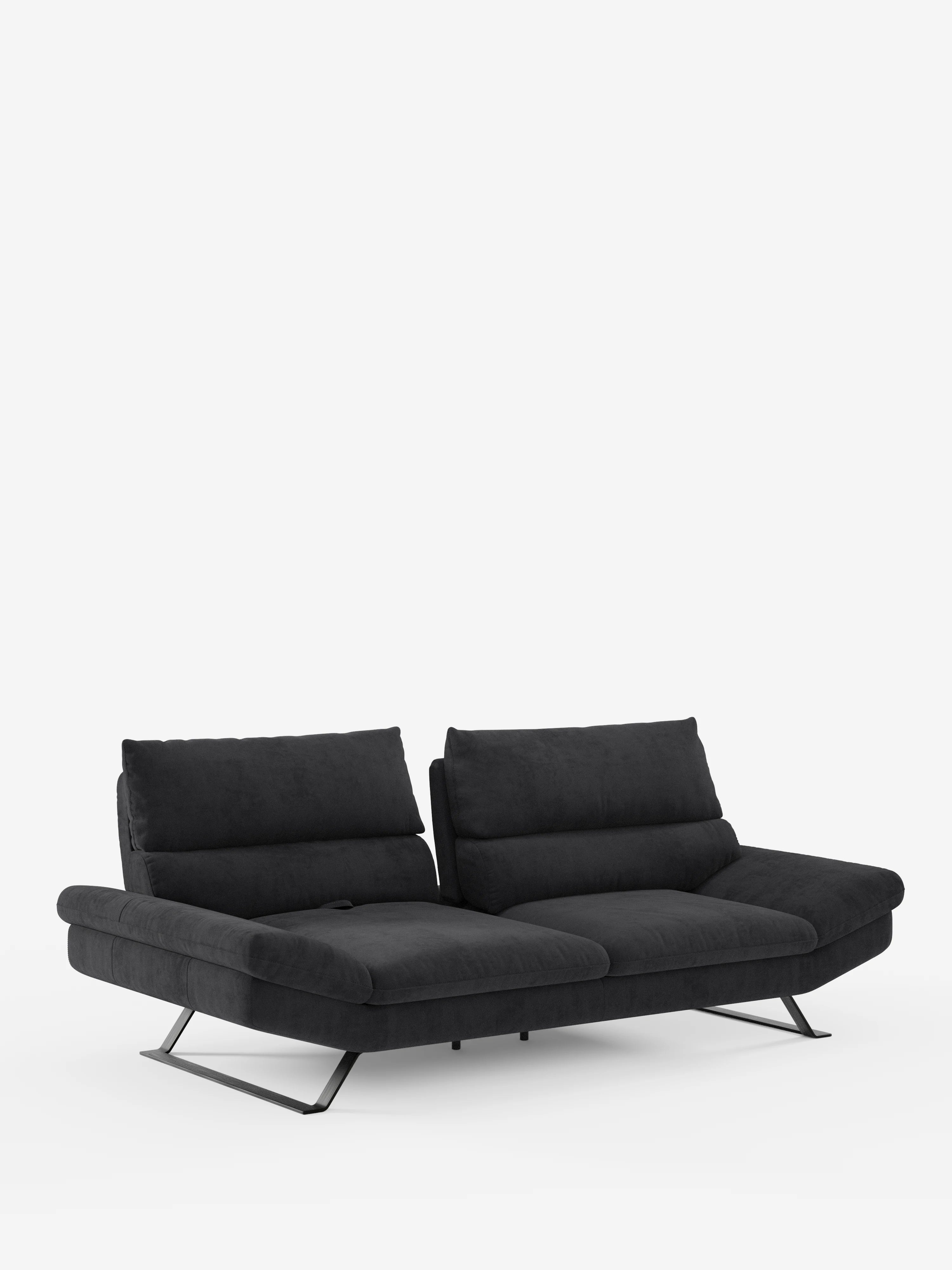 Un moderno divano Eclipse nero a 2 posti dal design contemporaneo di divitt.sbs, caratterizzato da due ampie sedute imbottite, gambe in metallo inclinate (piedini alti) e schienali traslanti regolabili per un comfort personalizzabile, rivestito in elegante microfibra T11 resistente alle macchie e presentato su uno sfondo bianco a tinta unita.