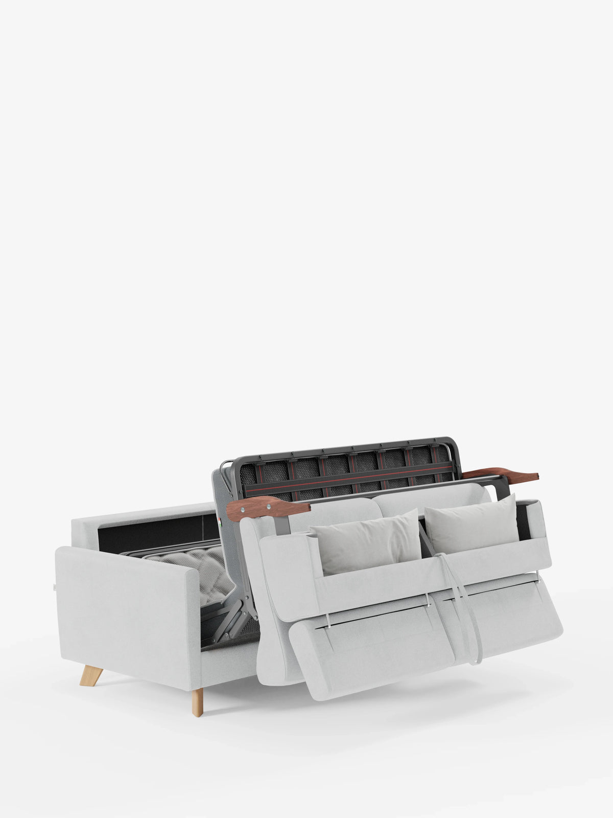 Il divano letto Francy con poggiatesta regolabili di divitt.sbs, rivestito in elegante tessuto T30 antimacchia e dotato di rivestimento completamente sfoderabile, è qui presentato in grigio chiaro con gambe in legno e due cuscini. È parzialmente aperto per mostrare il meccanismo a scomparsa e la struttura del letto, mettendo in evidenza la sua funzionalità come divano letto su uno sfondo bianco semplice.