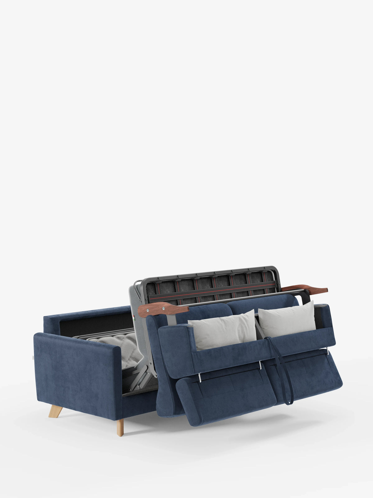 Un divano letto Francy blu con poggiatesta regolabili di divitt.sbs, rivestito con l’elegante tessuto T30 antimacchia e completamente sfoderabile, è parzialmente aperto per rivelare la struttura letto estraibile con gambe in legno chiaro. Due cuscini chiari poggiano sulla seduta, mentre lo schienale e la seduta sono separati per mettere in risalto il meccanismo del letto su uno sfondo bianco a tinta unita.
