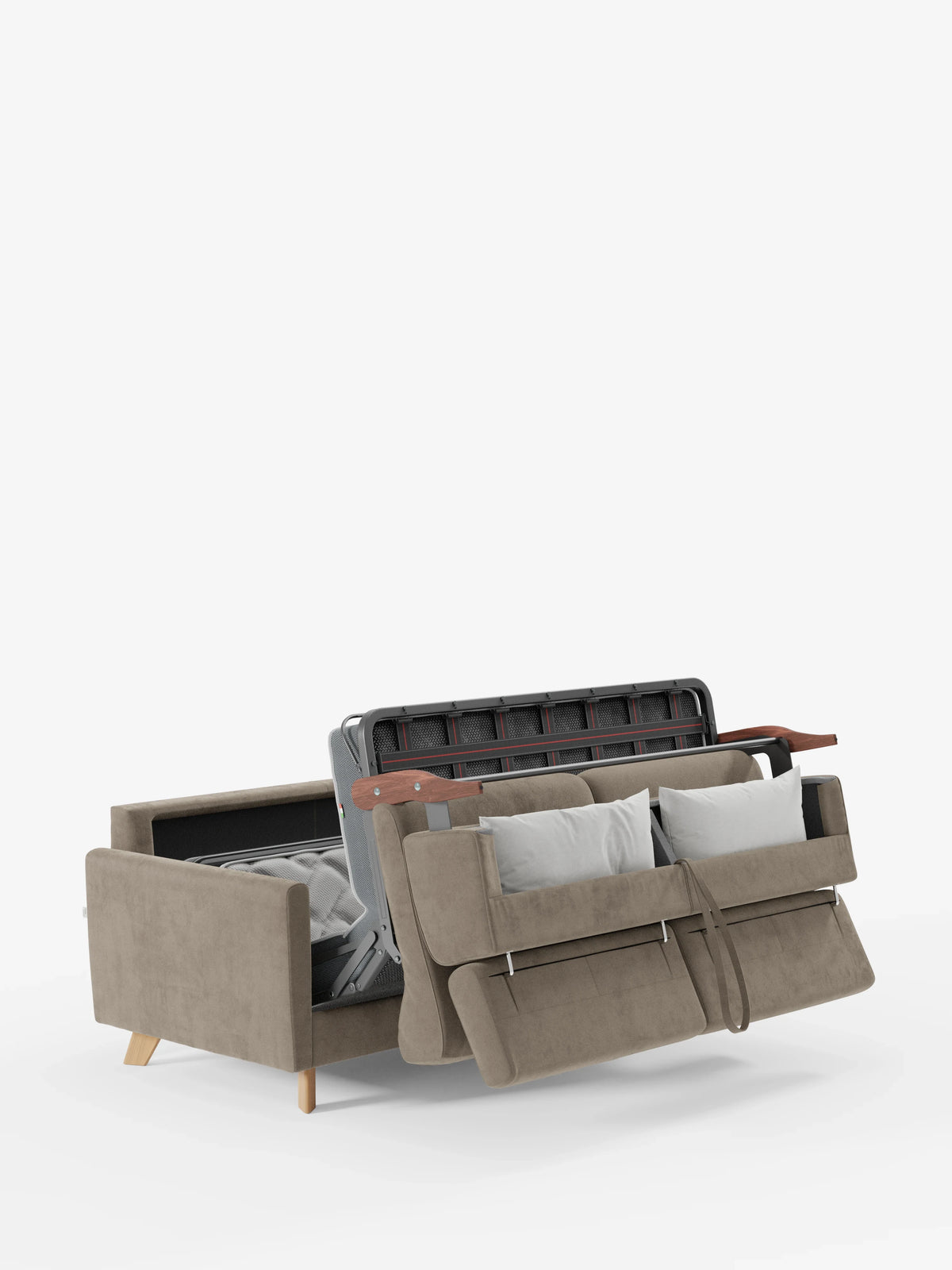 Il divano letto Francy con poggiatesta regolabili di divitt.sbs, rivestito in elegante tessuto T30 resistente alle macchie nei toni del beige e con fodere completamente sfoderabili, è raffigurato parzialmente aperto per mostrare il materasso estraibile. Due cuscini grigio chiaro poggiano contro lo schienale, mentre i cuscini dello schienale e della seduta sono sollevati per rivelare il meccanismo di trasformazione del divano. Il mobile poggia su gambe in legno su uno sfondo bianco.