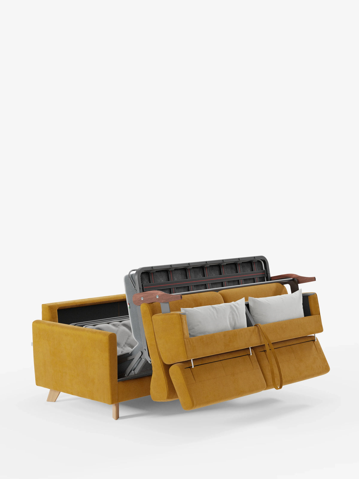 Un divano letto Francy color giallo senape con poggiatesta regolabili di divitt.sbs, con rivestimento sfoderabile al 100% e realizzato in elegante tessuto T30 resistente alle macchie, è raffigurato parzialmente aperto per mostrare il suo meccanismo di letto estraibile. Caratterizzato da uno stile moderno, il divano presenta due cuscini chiari, mentre la struttura del letto e il materasso mettono in risalto la funzione trasformabile di questo versatile divano a 2 e 3 posti su uno sfondo bianco a tinta