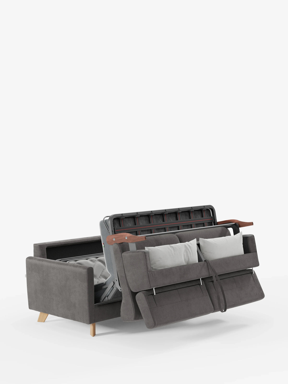 Il divano letto Francy con poggiatesta regolabili di divitt.sbs, rivestito in elegante tessuto T30 100% sfoderabile e resistente alle macchie, è presentato in una moderna finitura grigia con gambe in legno. È raffigurato parzialmente aperto in versione letto su uno sfondo bianco, che mette in evidenza la struttura metallica pieghevole e i meccanismi che ne sottolineano il processo di trasformazione. Due cuscini di seduta grigi e due cuscini decorativi bianchi ne esaltano lo stile contemporaneo.
