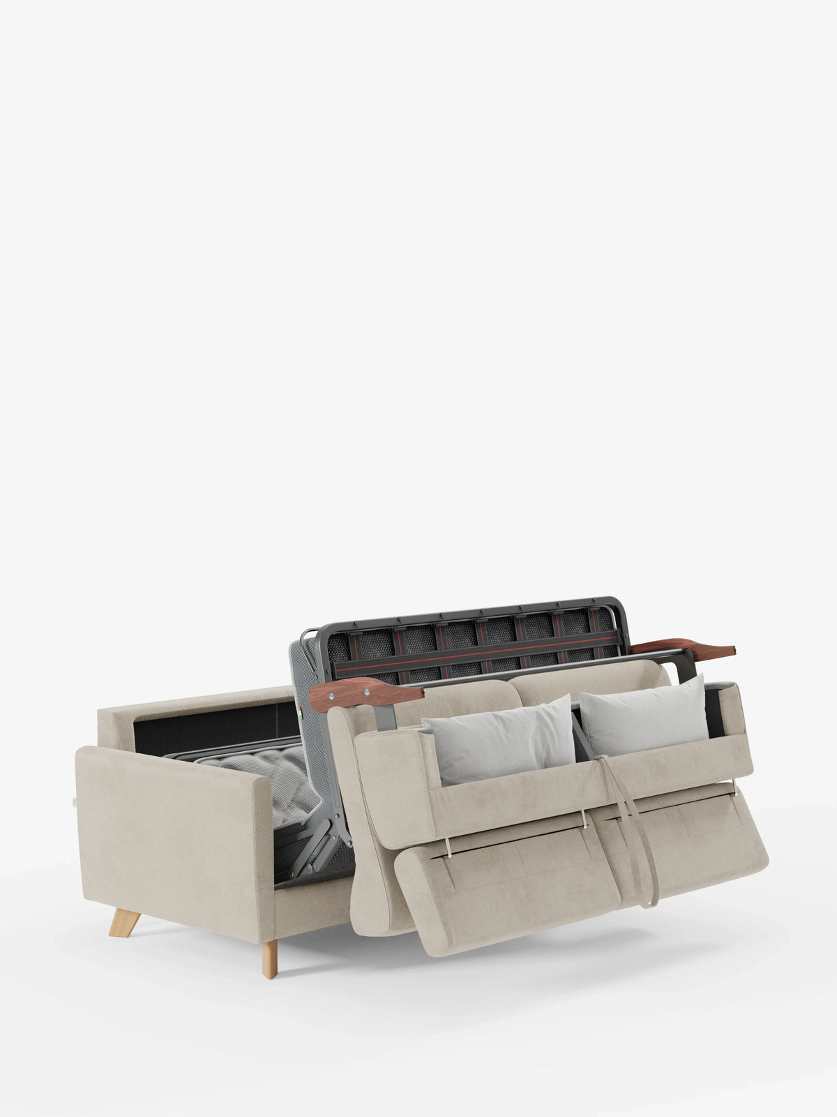 Il divano letto Francy con poggiatesta regolabili di divitt.sbs, caratterizzato da un rivestimento beige, sfoderabile al 100%, realizzato in elegante tessuto T30 resistente alle macchie e da robuste gambe in legno, è parzialmente aperto per mettere in risalto il suo stile moderno. Lo schienale regolabile è sollevato, rivelando la struttura interna in metallo e il materasso. Due cuscini di seduta e due cuscini decorativi sono disposti sul divano, a illustrare come questo si trasformi facilmente da divano