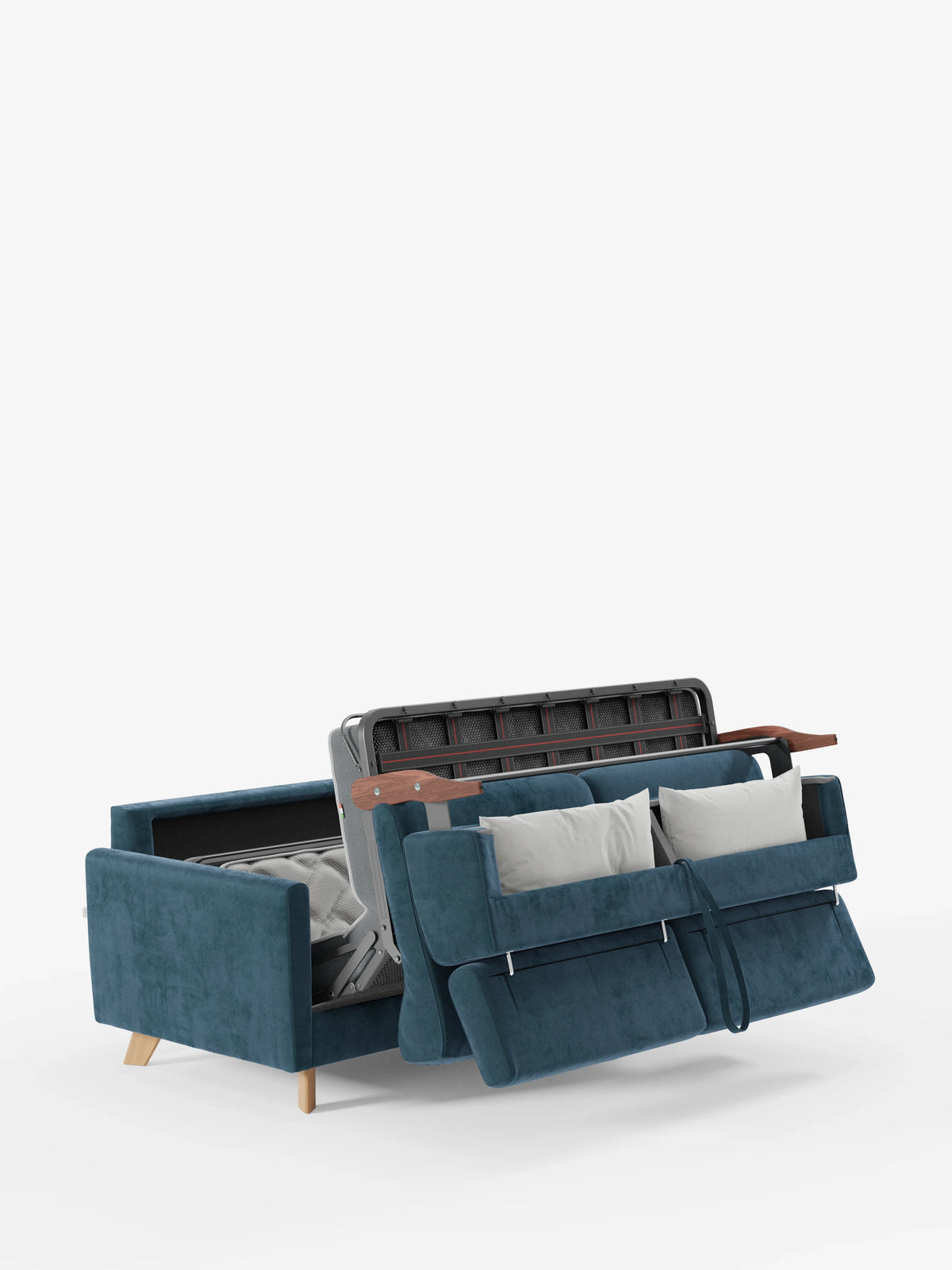 Un divano letto Francy di divitt.sbs, parzialmente aperto, con poggiatesta regolabili, rivestito in un elegante tessuto T30 color verde acqua resistente alle macchie e dotato di gambe in legno chiaro con due cuscini bianchi, mostra la struttura del letto e il meccanismo del materasso su uno sfondo bianco a tinta unita.