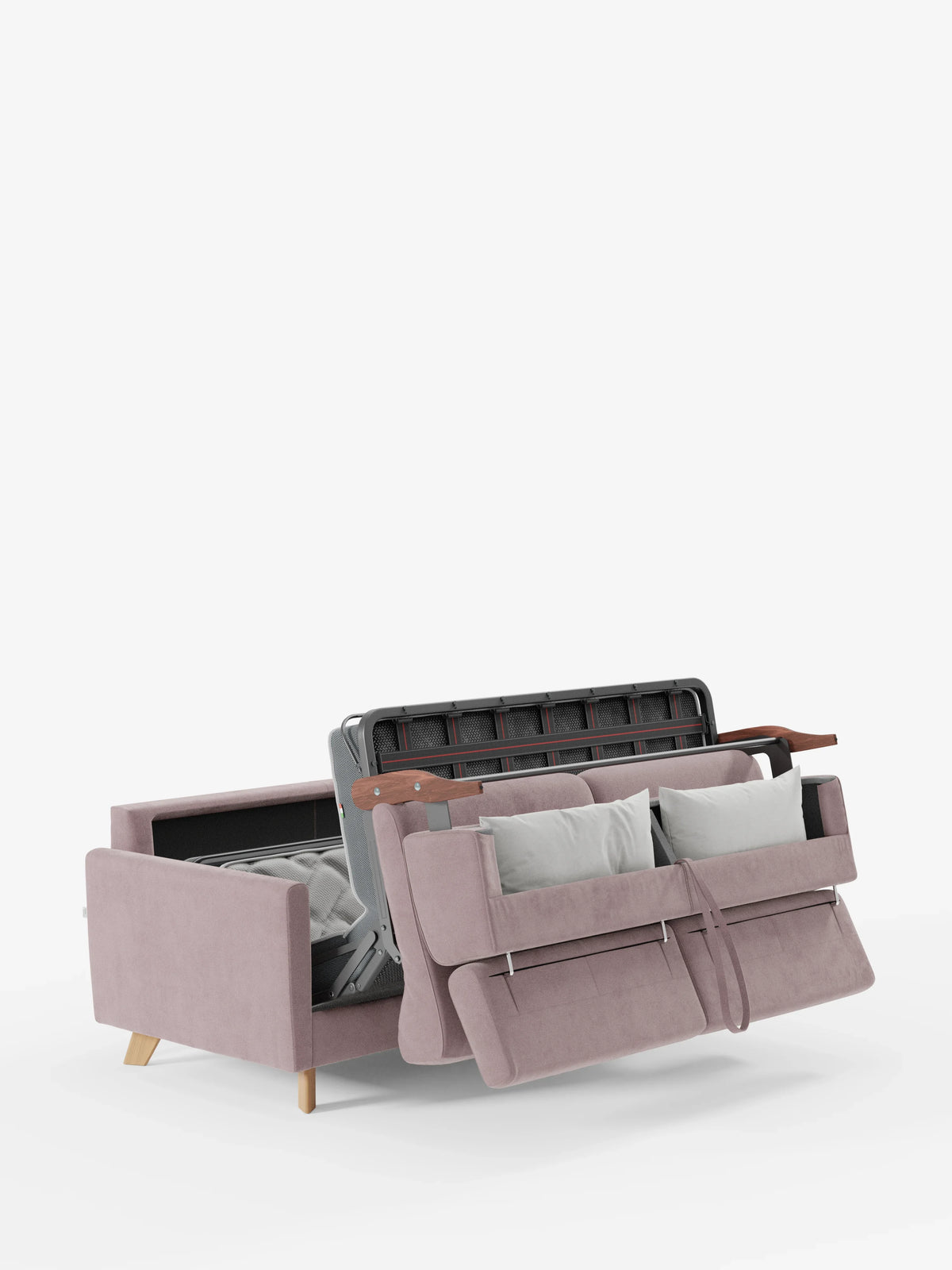 Un divano letto Francy color malva chiaro con poggiatesta regolabili di divitt.sbs, rivestito al 100% con tessuto T30 elegante e antimacchia, è raffigurato parzialmente aperto per mostrare la struttura del letto estraibile e il materasso. Due cuscini dello schienale poggiano contro la parte posteriore, mentre due cuscini della seduta sono fissati alla sezione anteriore a metà della trasformazione. Le gambe in legno e uno sfondo bianco completano la scena.
