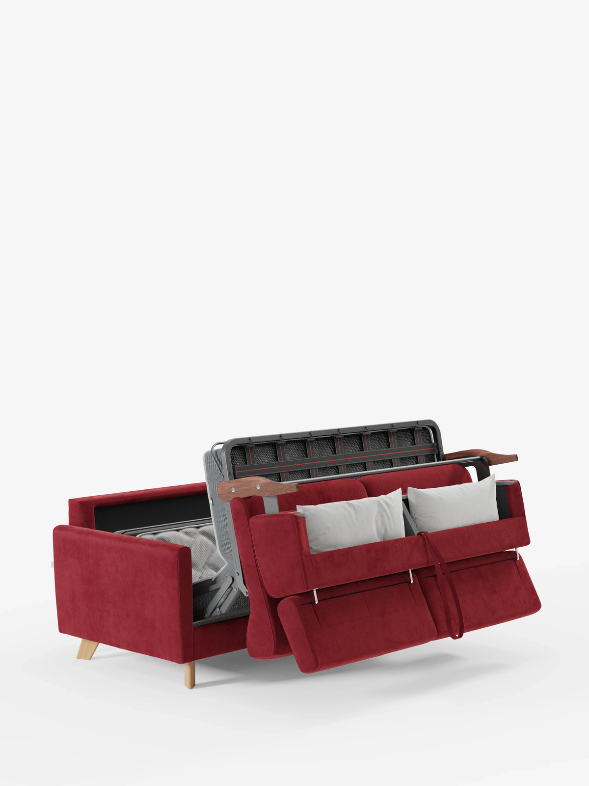 Il divano letto Francy con poggiatesta regolabili di divitt.sbs è raffigurato in un elegante rosso, parzialmente aperto per mostrare il materasso e i due cuscini bianchi al suo interno. Caratterizzato da una silhouette squadrata e moderna e da gambe in legno chiaro, questo divano letto a 2 posti è dotato di rivestimenti completamente sfoderabili in tessuto T30 resistente alle macchie e risalta su uno sfondo bianco a tinta unita.