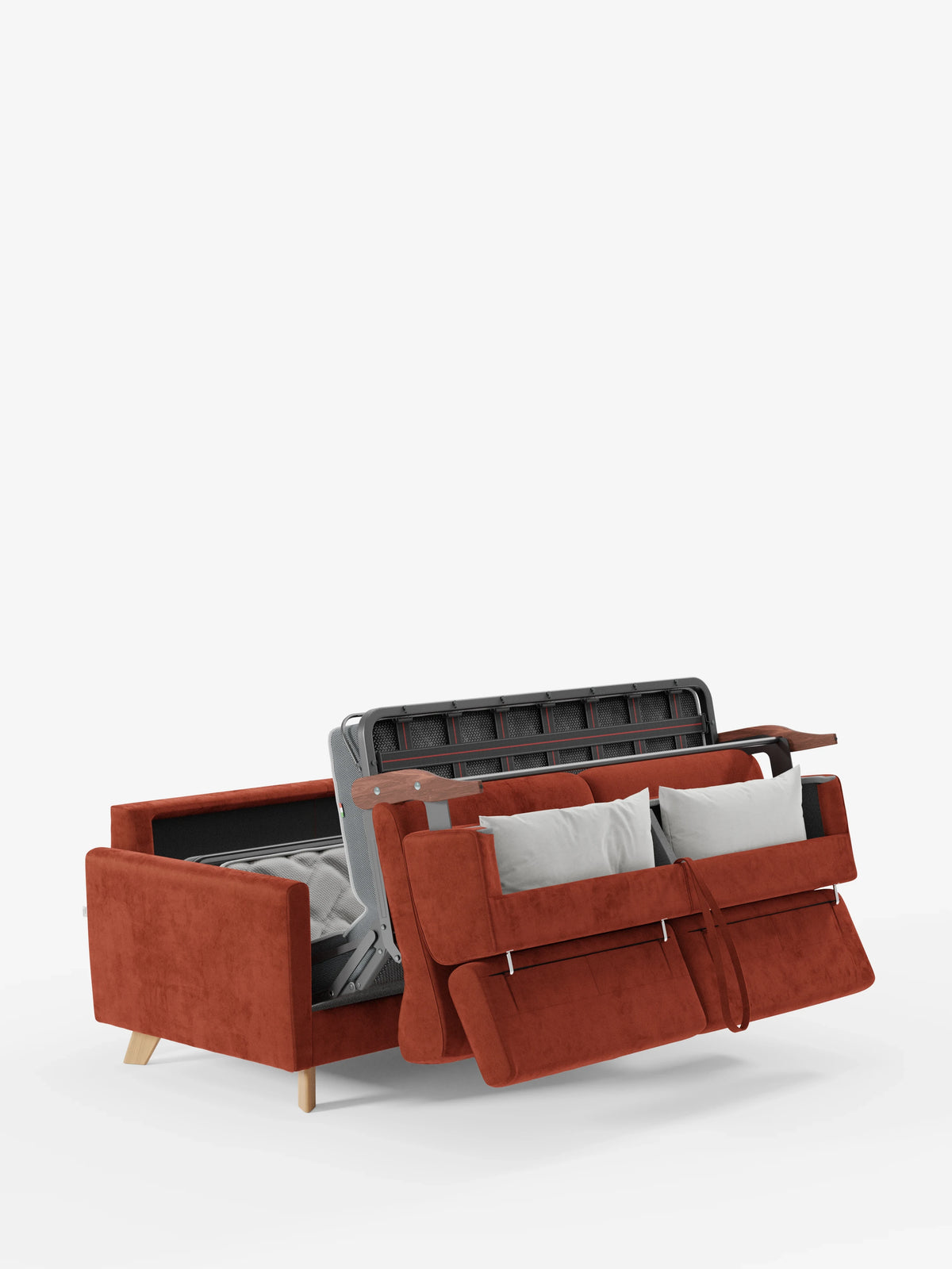 Un divano letto Francy con poggiatesta regolabili di divitt.sbs, rivestito in un elegante tessuto T30 smacchiabile color arancione ruggine e dotato di gambe in legno, è raffigurato parzialmente aperto in modalità letto. L’immagine mostra un materasso grigio e due cuscini grigio chiaro, mentre lo schienale e la seduta sono separati per mettere in evidenza la sua funzione di letto trasformabile, il tutto su uno sfondo bianco a tinta unita.