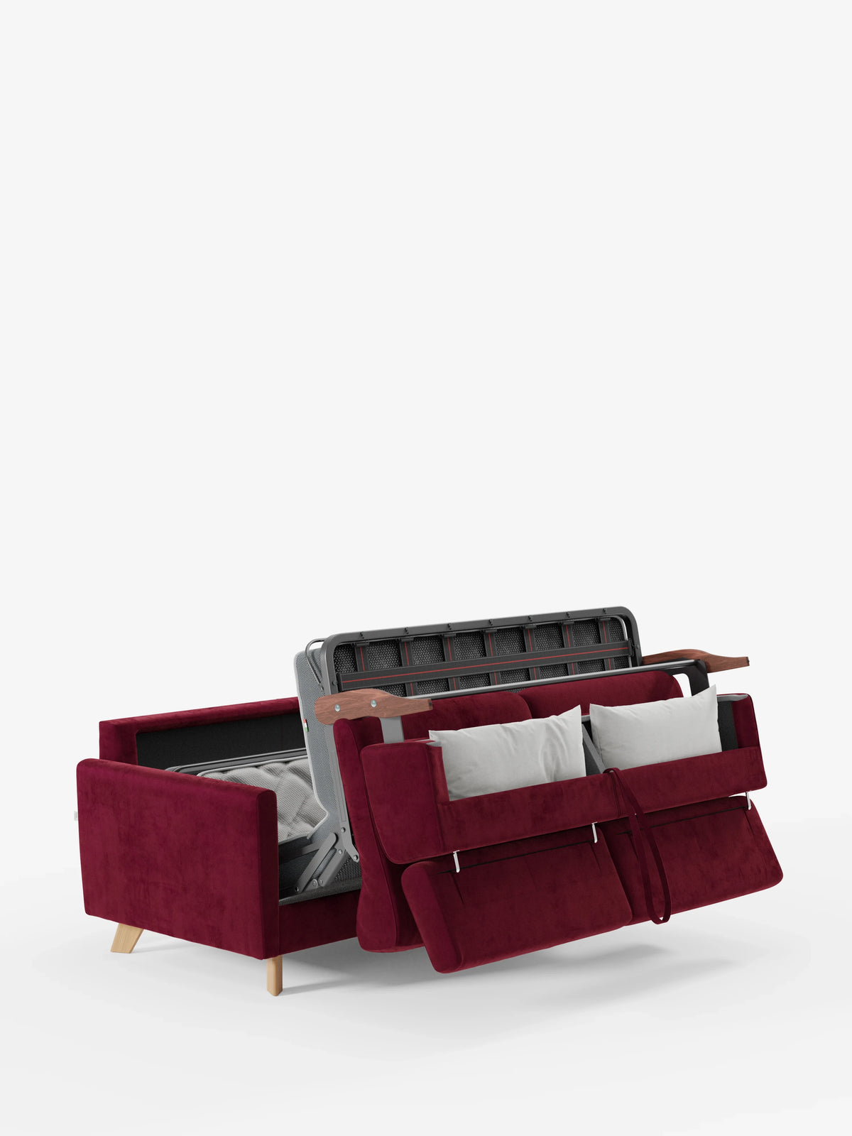 Il divano letto Francy con poggiatesta regolabili di divitt.sbs, sfoderabile al 100% in elegante tessuto smacchiabile T30, presenta un design moderno color bordeaux con gambe in legno chiaro. Raffigurato parzialmente aperto per mostrare la struttura del letto estraibile e il materasso, è abbellito da due cuscini bianchi all’interno e dallo schienale inclinato in avanti. Ideale come divano a due posti per il relax diurno, questo versatile complemento d’arredo risalta su uno sfondo bianco a tinta unita.