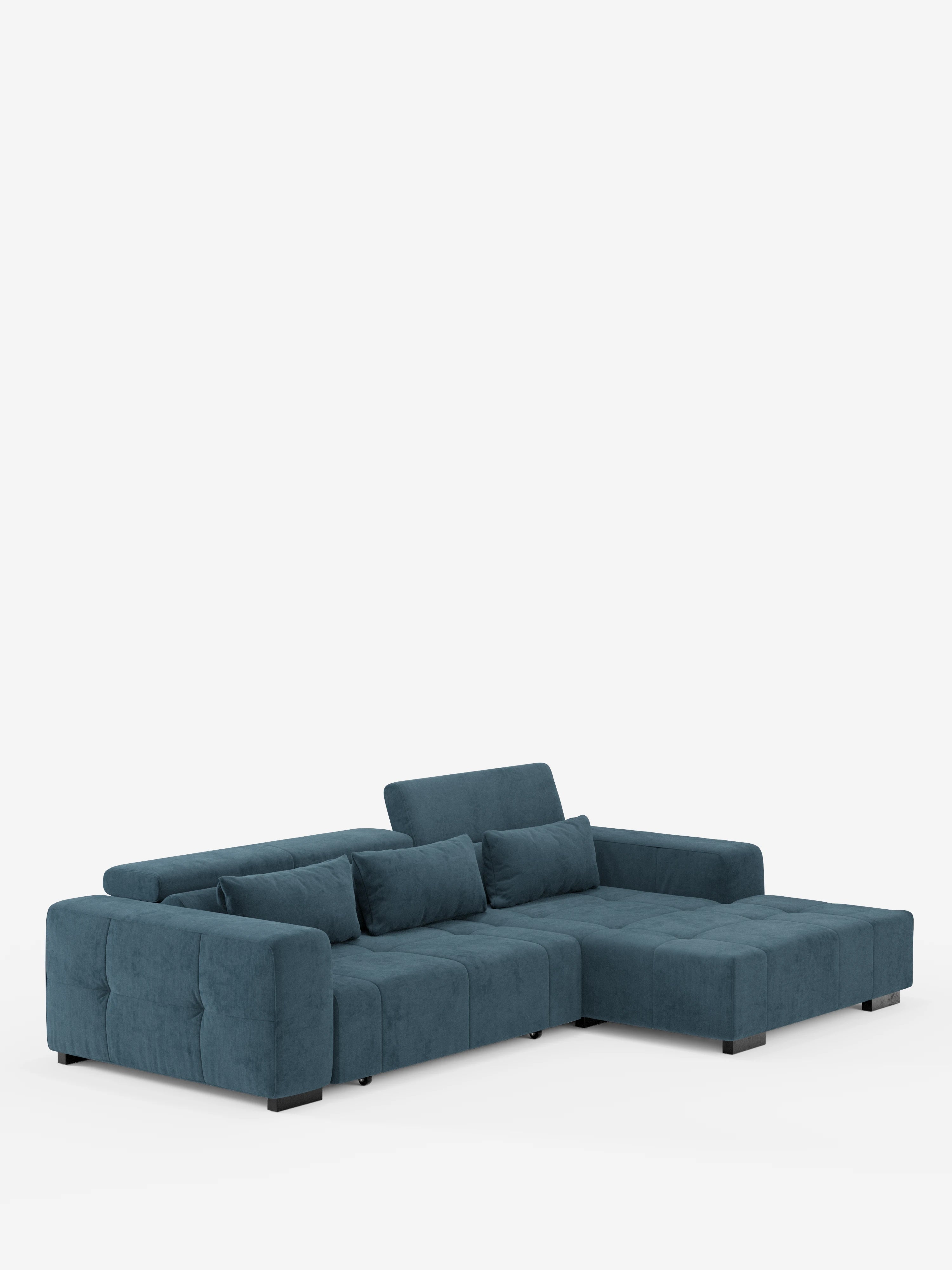 Il divano angolare Monarch con penisola e funzione Relax elettrica per l’allungamento delle sedute di divitt.sbs è un moderno divano componibile rivestito in morbido tessuto T31 color verde acqua, resistente alle macchie, caratterizzato da una chaise longue a destra, perfetta come elegante divano con penisola. Vanta schienali bassi, poggiatesta reclinabili e cuscini rettangolari coordinati. Posa su piedini neri corti ed è fotografato su uno sfondo bianco a tinta unita.