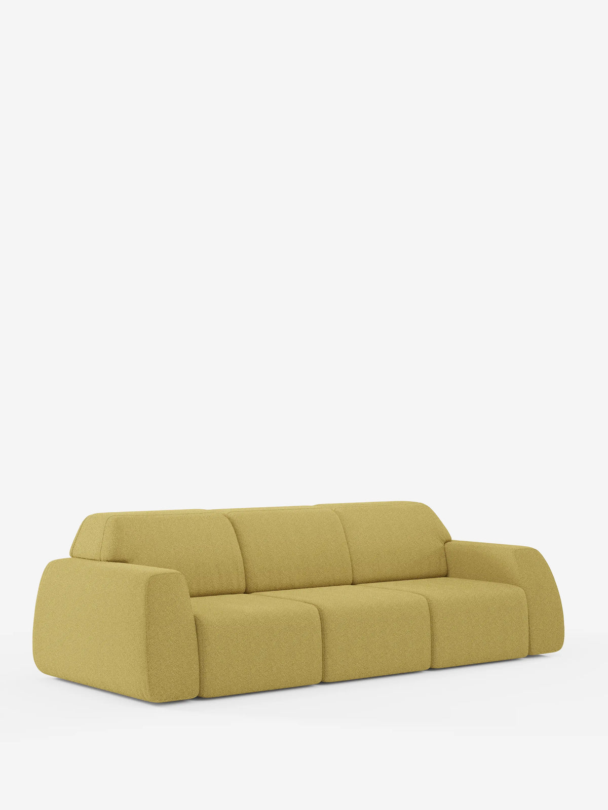 Il divano Orbit di divitt.sbs presenta un design moderno nei toni del giallo-verde, con bordi arrotondati, schienale basso e ampi braccioli, rivestito in morbido tessuto T33 effetto cotone, resistente alle macchie. Il suo look minimalista mette in risalto le tre sezioni di seduta indipendenti, scorrevoli e allungabili, che si stagliano su uno sfondo bianco a tinta unita.