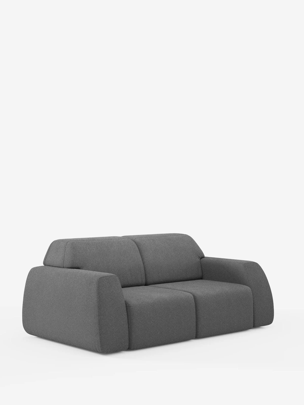 Il divano Orbit di divitt.sbs è un divano a due posti imbottito in grigio scuro dal design contemporaneo, caratterizzato da ampi braccioli e schienale arrotondati che risaltano su uno sfondo bianco a tinta unita. Questo divano moderno presenta un design minimalista e squadrato con bordi levigati e curvi e vanta rivestimenti completamente sfoderabili in tessuto T33 effetto cotone antimacchia, per un comfort e uno stile senza compromessi.