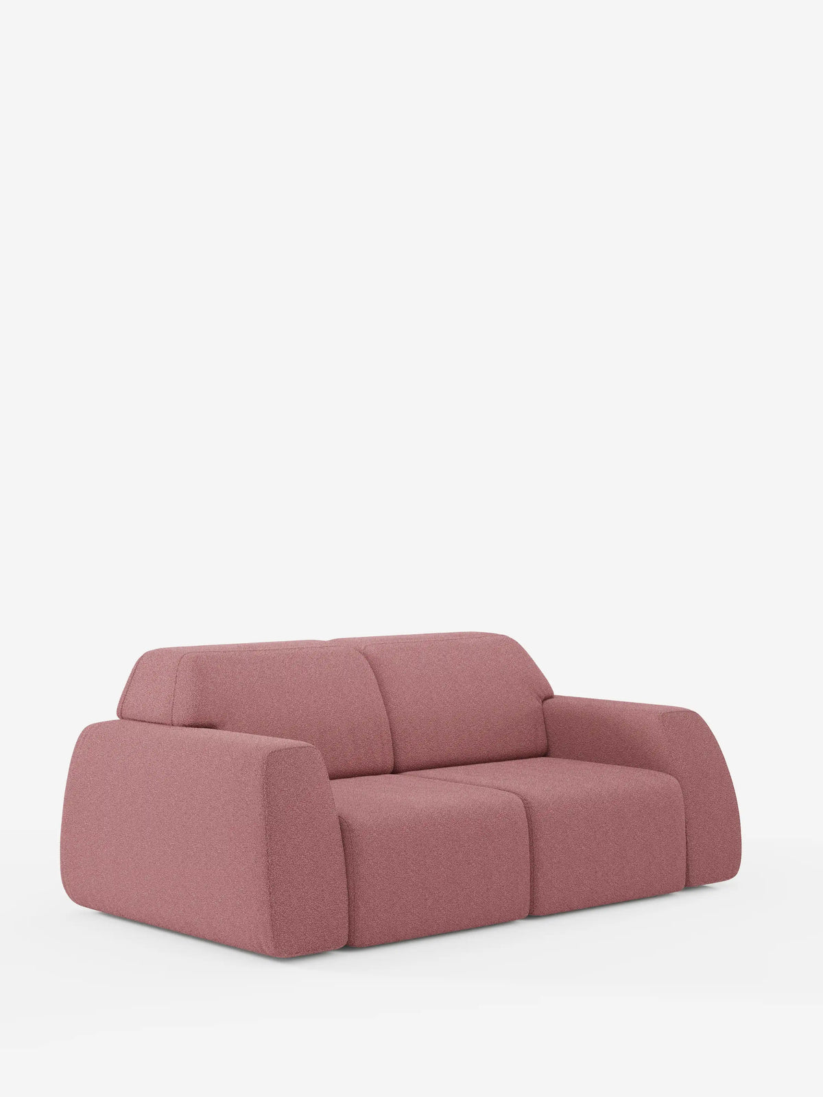 Un divano a due posti Orbit moderno e minimalista di divitt.sbs, con bordi arrotondati e cuscini spessi e morbidi rivestiti in tessuto T33 effetto cotone smacchiabile color rosa polveroso, che risalta su uno sfondo bianco a tinta unita. Questo divano moderno, completamente sfoderabile, è dotato di sedute scorrevoli per un maggiore comfort e versatilità.