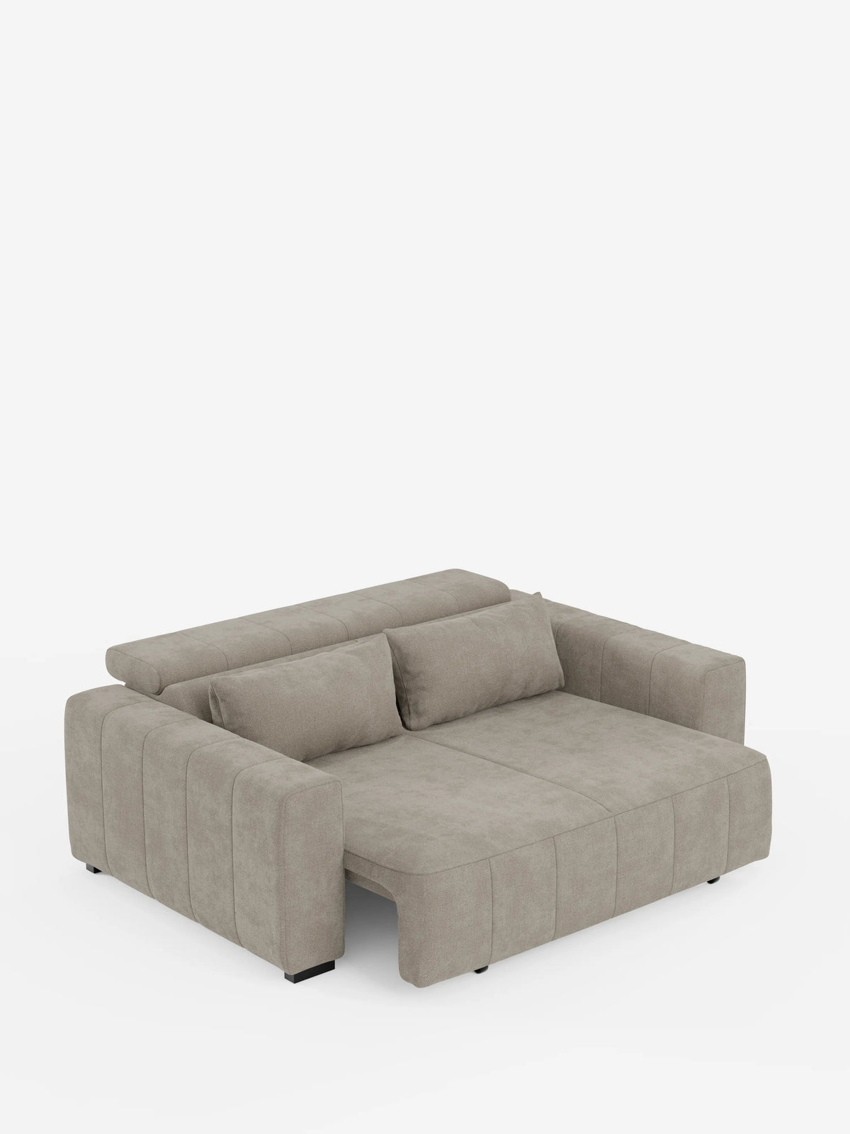 Un moderno divano a 3 posti in stile dorico grigio chiaro di divitt.sbs è raffigurato nella versione completamente estesa, con sedute regolabili elettricamente e poggiatesta reclinabile, rivestito in tessuto T23 resistente alle macchie. Il design raffinato presenta ampi braccioli, uno schienale basso, due cuscini cilindrici abbinati e discrete cuciture verticali, che uniscono lo stile contemporaneo al comfort funzionale su uno sfondo bianco a tinta unita.