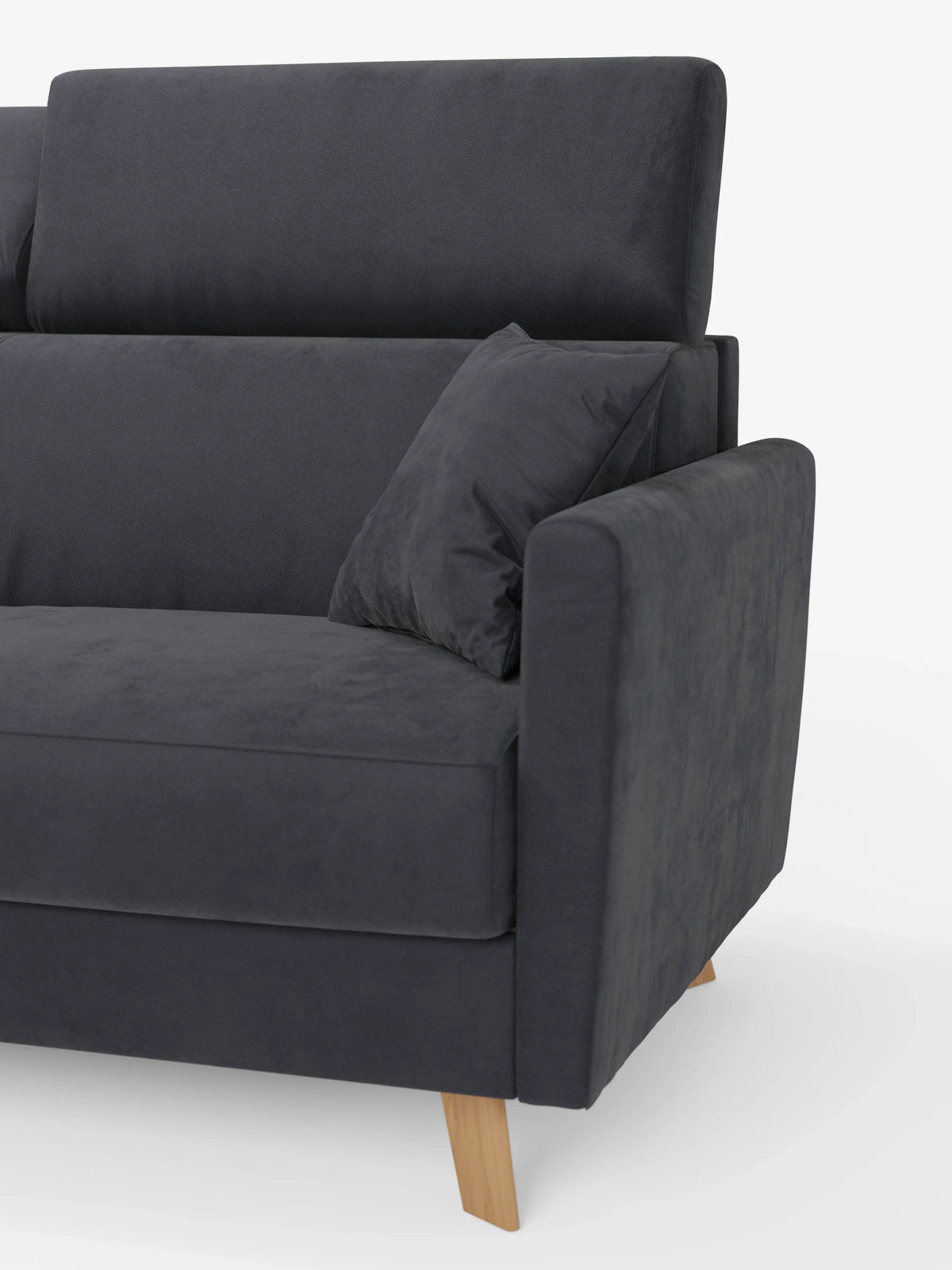 Un moderno divano letto Francy con poggiatesta regolabili di divitt.sbs, rivestito in un elegante tessuto T30 grigio scuro e resistente alle macchie. Questo divano a 2 posti è dotato di uno schienale alto e regolabile, di un unico cuscino coordinato e di gambe in legno chiaro. I braccioli sono squadrati e imbottiti. Il rivestimento completamente sfoderabile e il design contemporaneo risaltano su uno sfondo bianco a tinta unita.