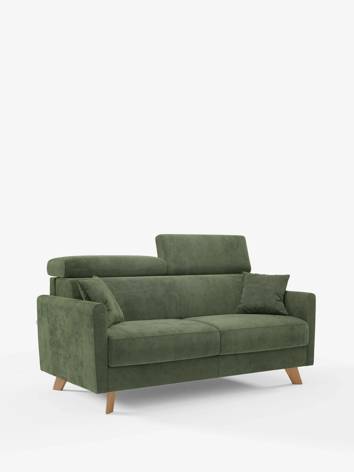 Il divano letto Francy con poggiatesta regolabili di divitt.sbs è un moderno divano a due posti in velluto verde, caratterizzato da gambe angolari in legno, poggiatesta regolabili e un cuscino decorativo abbinato, presentato su uno sfondo bianco a tinta unita.